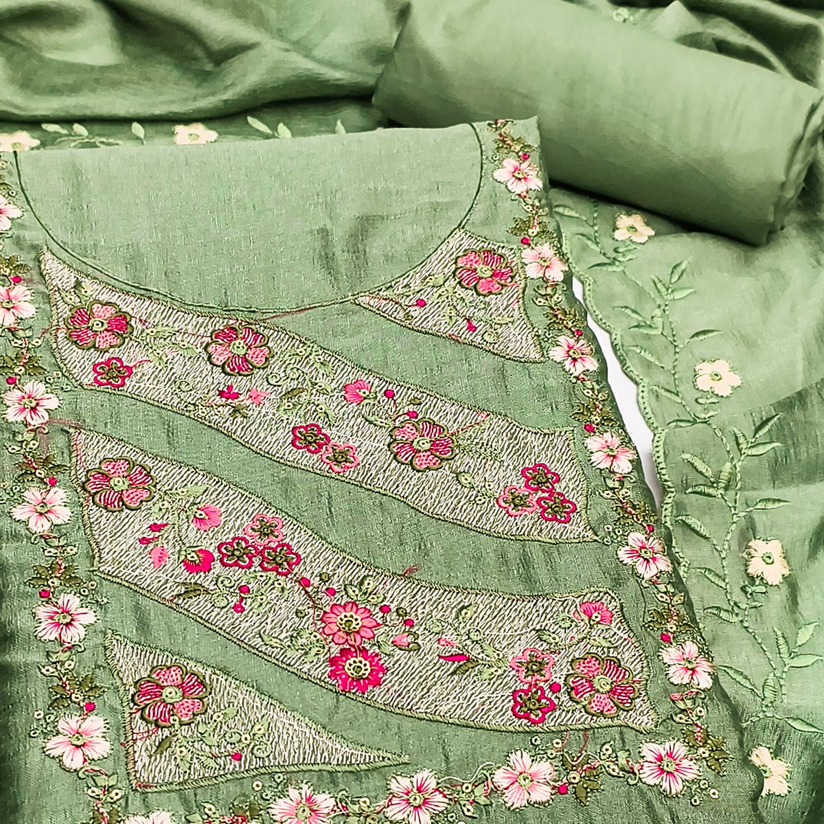 Green Embellished Vichitra Silk Dress Material with Graceful Floral Embroidery Work - Image 2