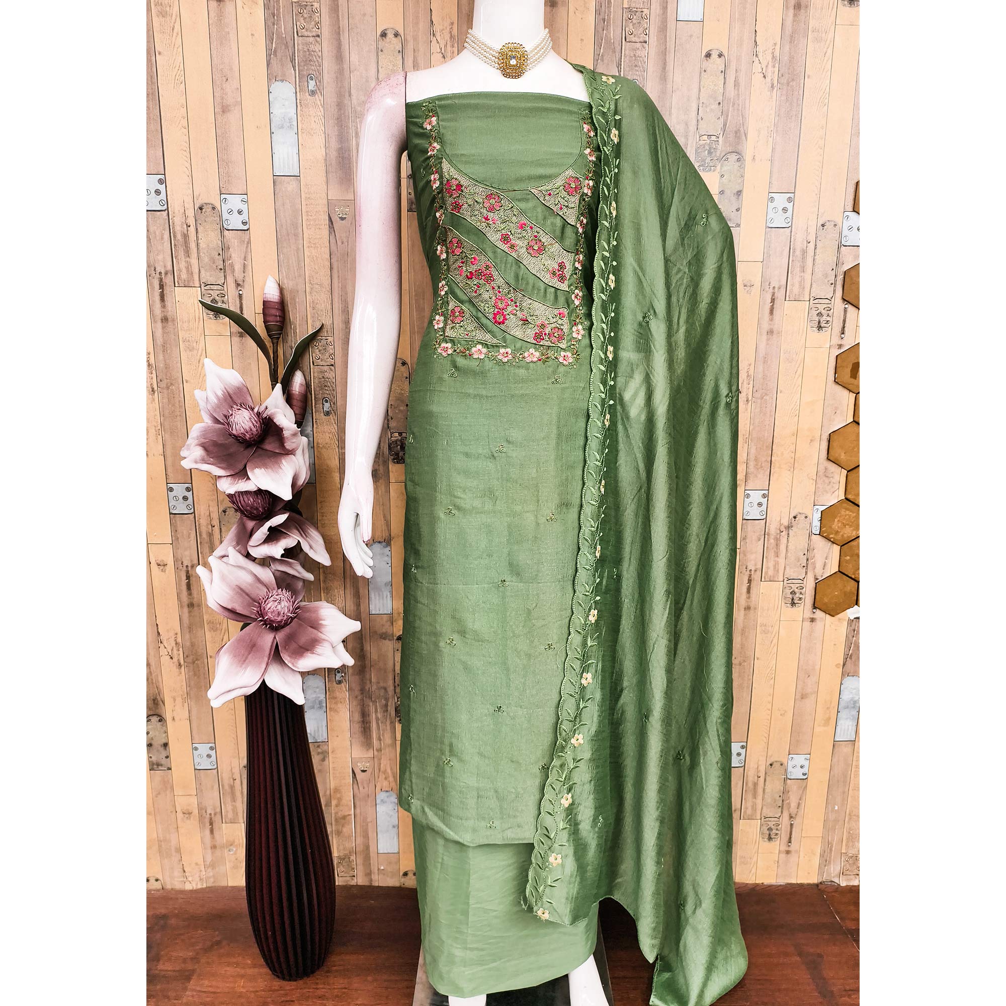 Green Embellished Vichitra Silk Dress Material with Graceful Floral Embroidery Work - Image 3