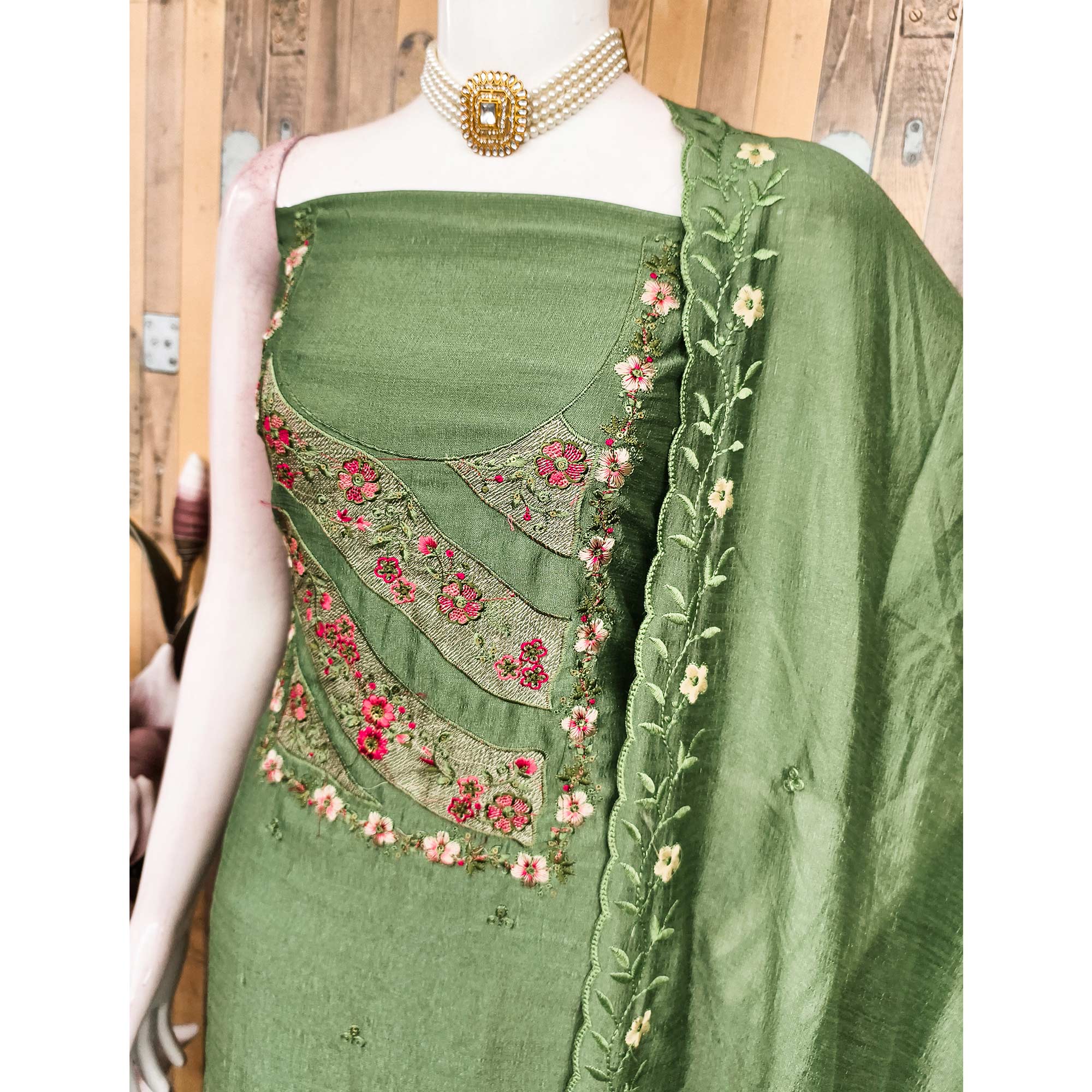 Green Embellished Vichitra Silk Dress Material with Graceful Floral Embroidery Work - Image 4