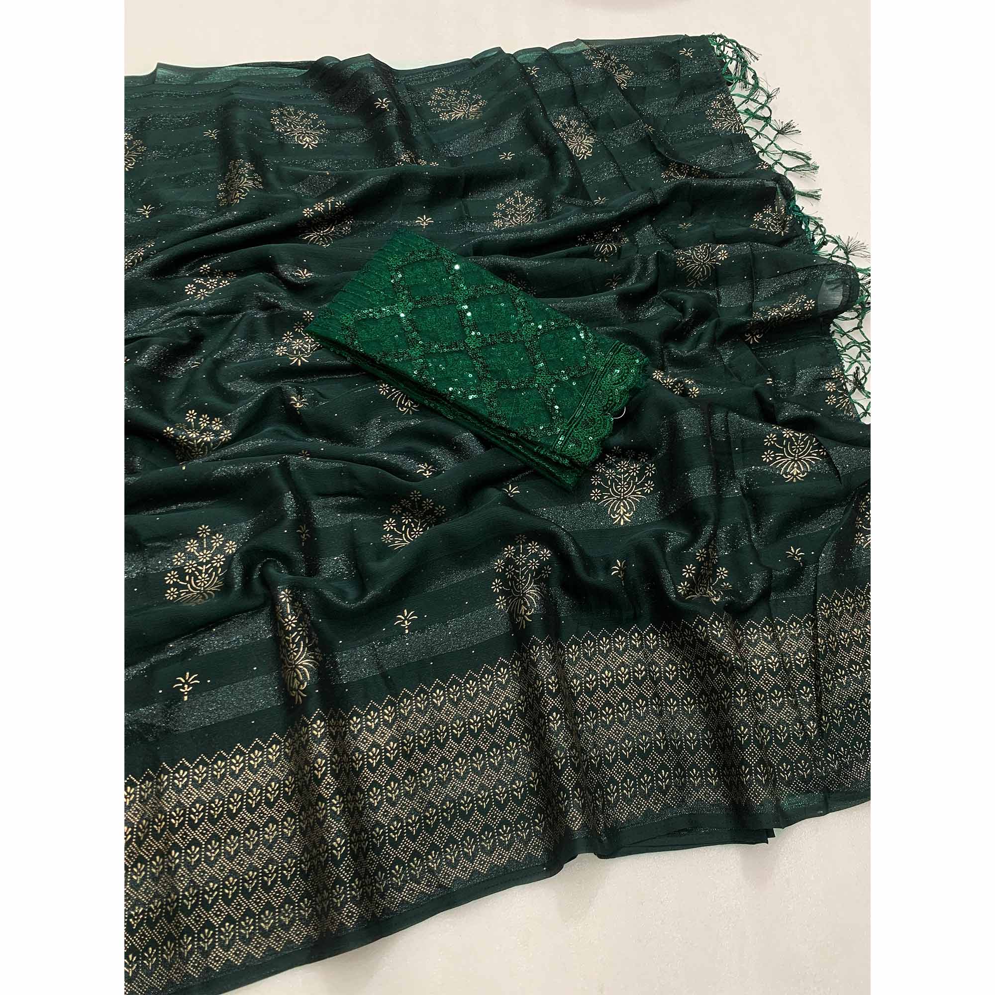 Green Emboss Floral Foil Printed Moss Art Silk Saree - Image 3