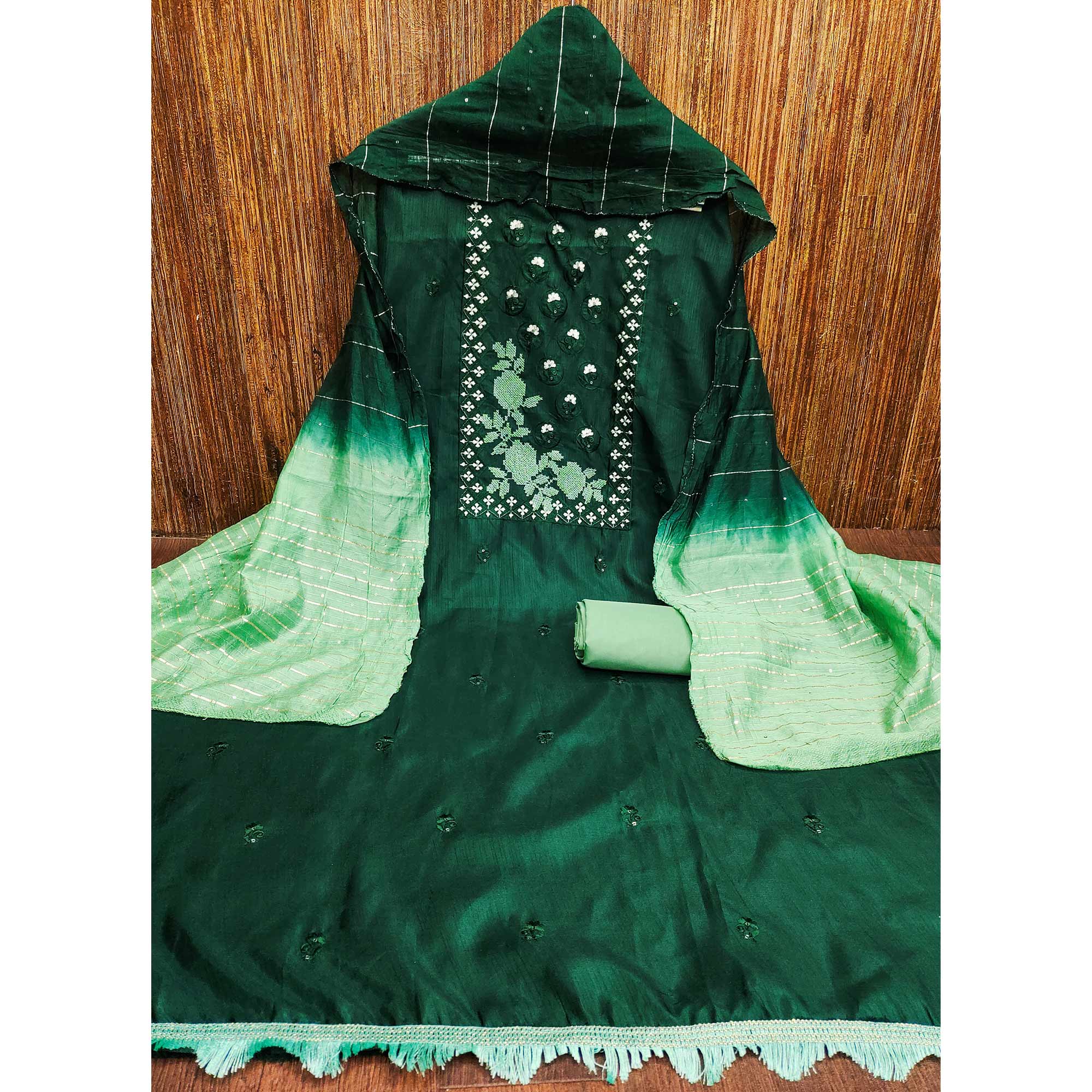 Green Embroidered Art Silk Dress Material - Image 3