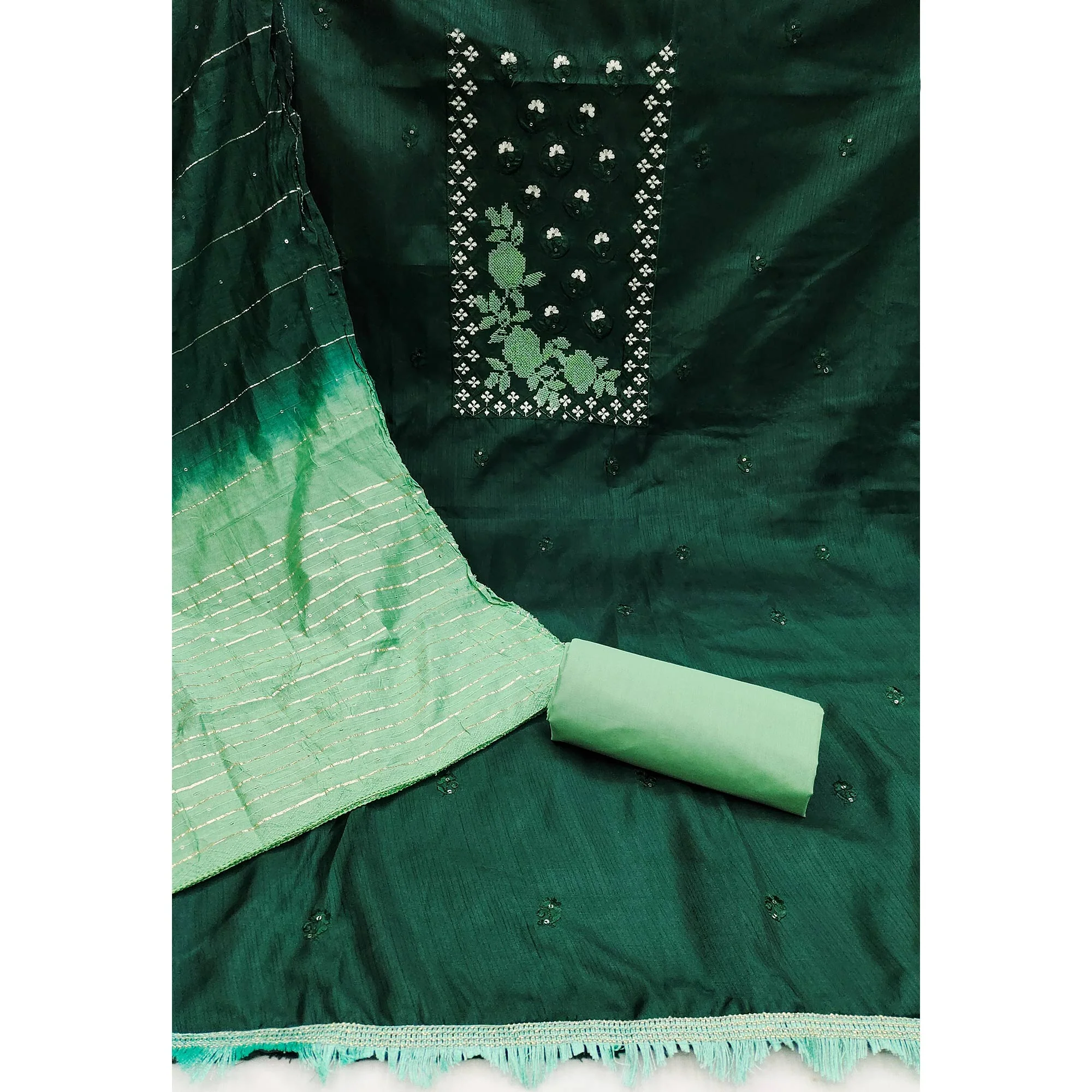 Green Embroidered Art Silk Dress Material - Image 4