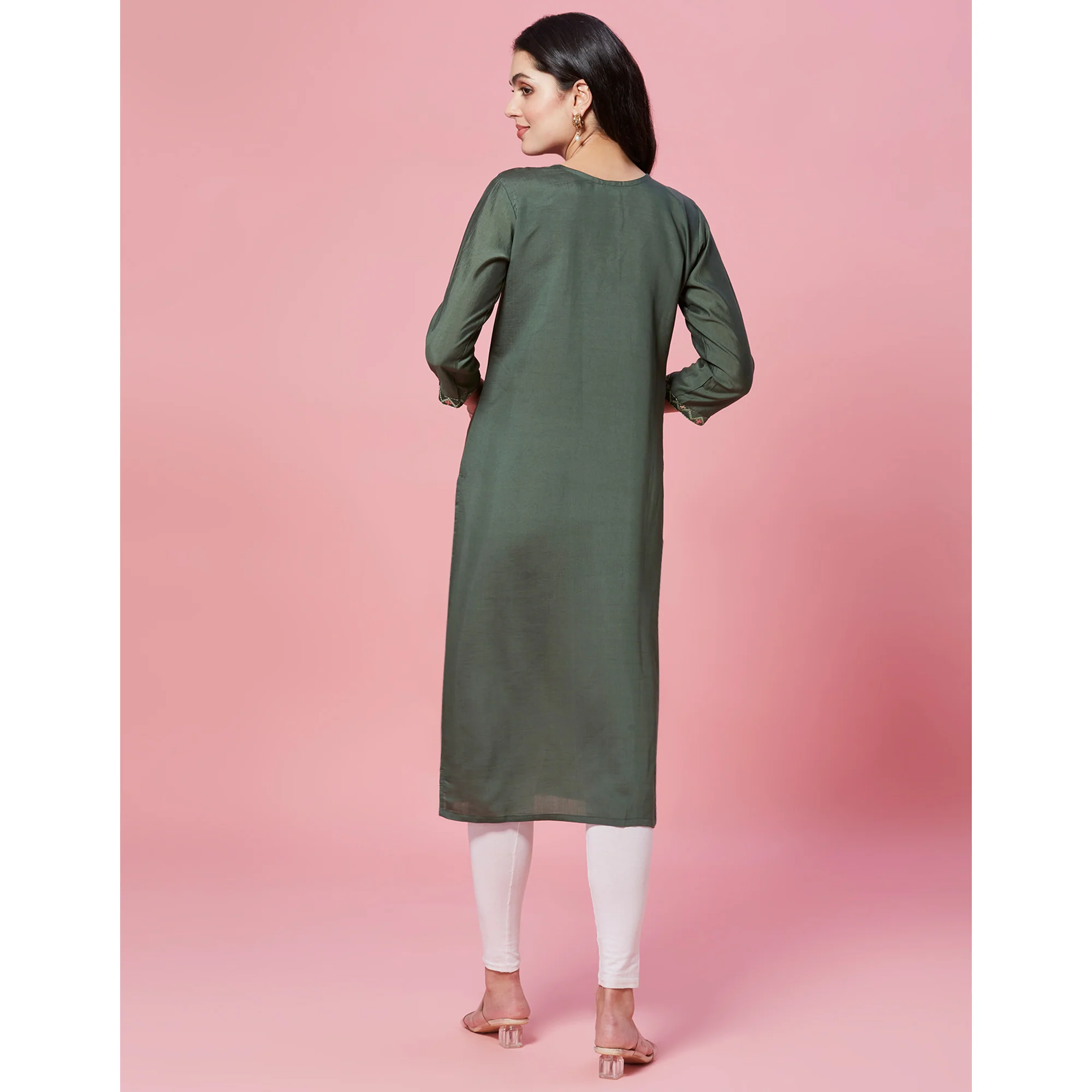 Green Embroidered Chanderi Straight Kurti - Image 7