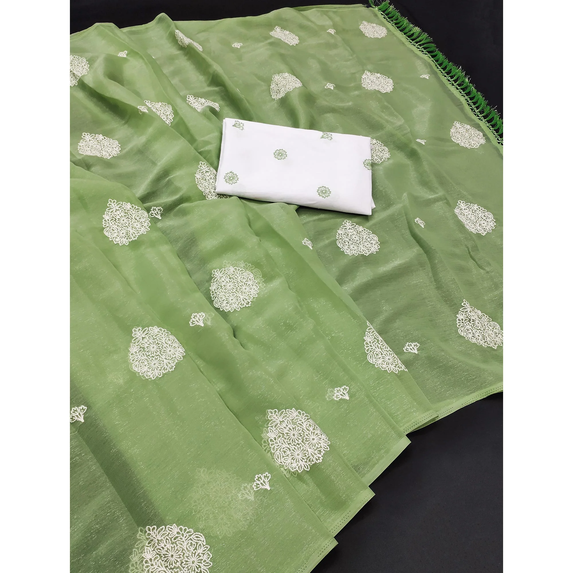 Green Embroidered Chiffon Saree With Elegant Tassel Borders - Image 3