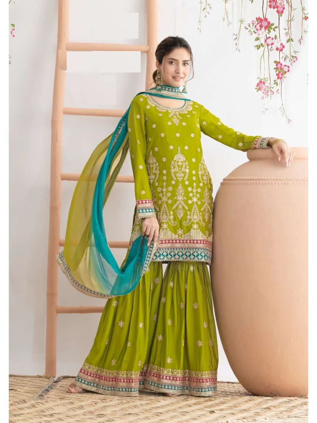 Green Embroidered Chinon Semi-Stitched Sharara Style Suit