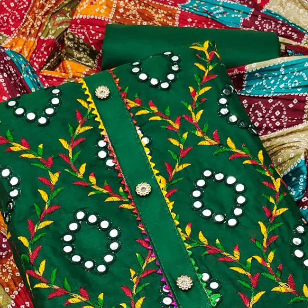 Green Embroidered Cotton Blend Dress Material - Image 2