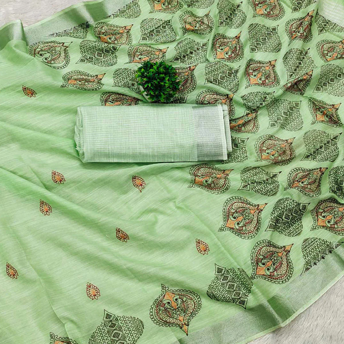 Green Embroidered Cotton Silk Saree With Tassels - Image 2