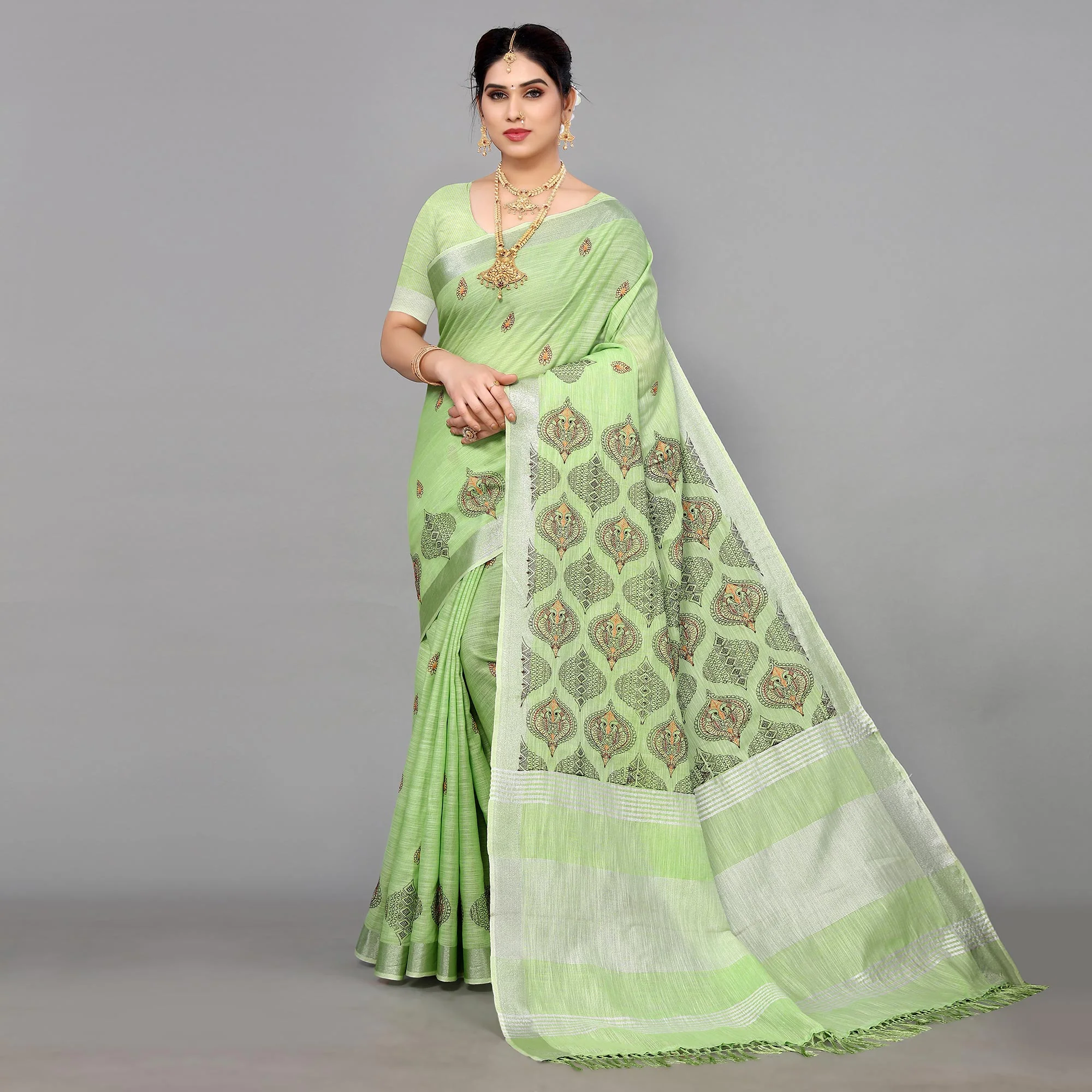 Green Embroidered Cotton Silk Saree With Tassels - Image 3