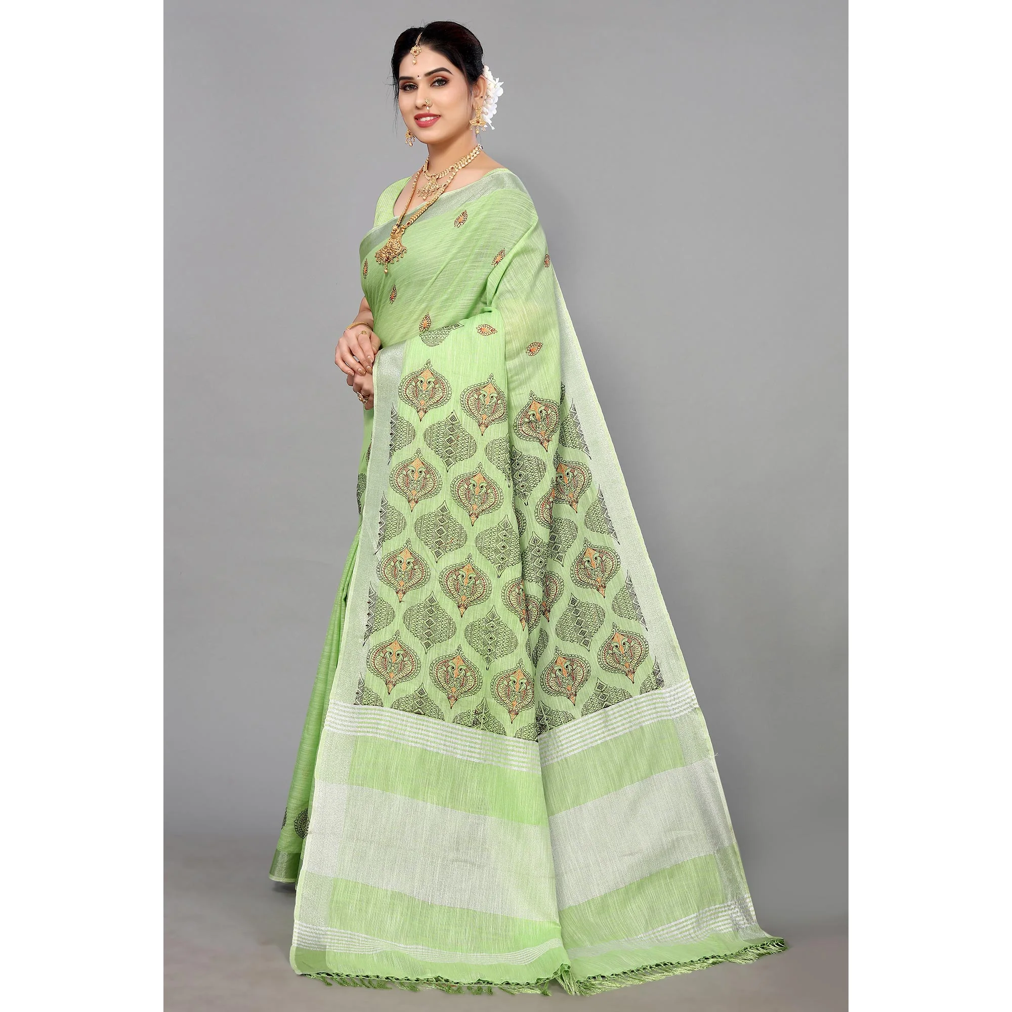 Green Embroidered Cotton Silk Saree With Tassels - Image 5