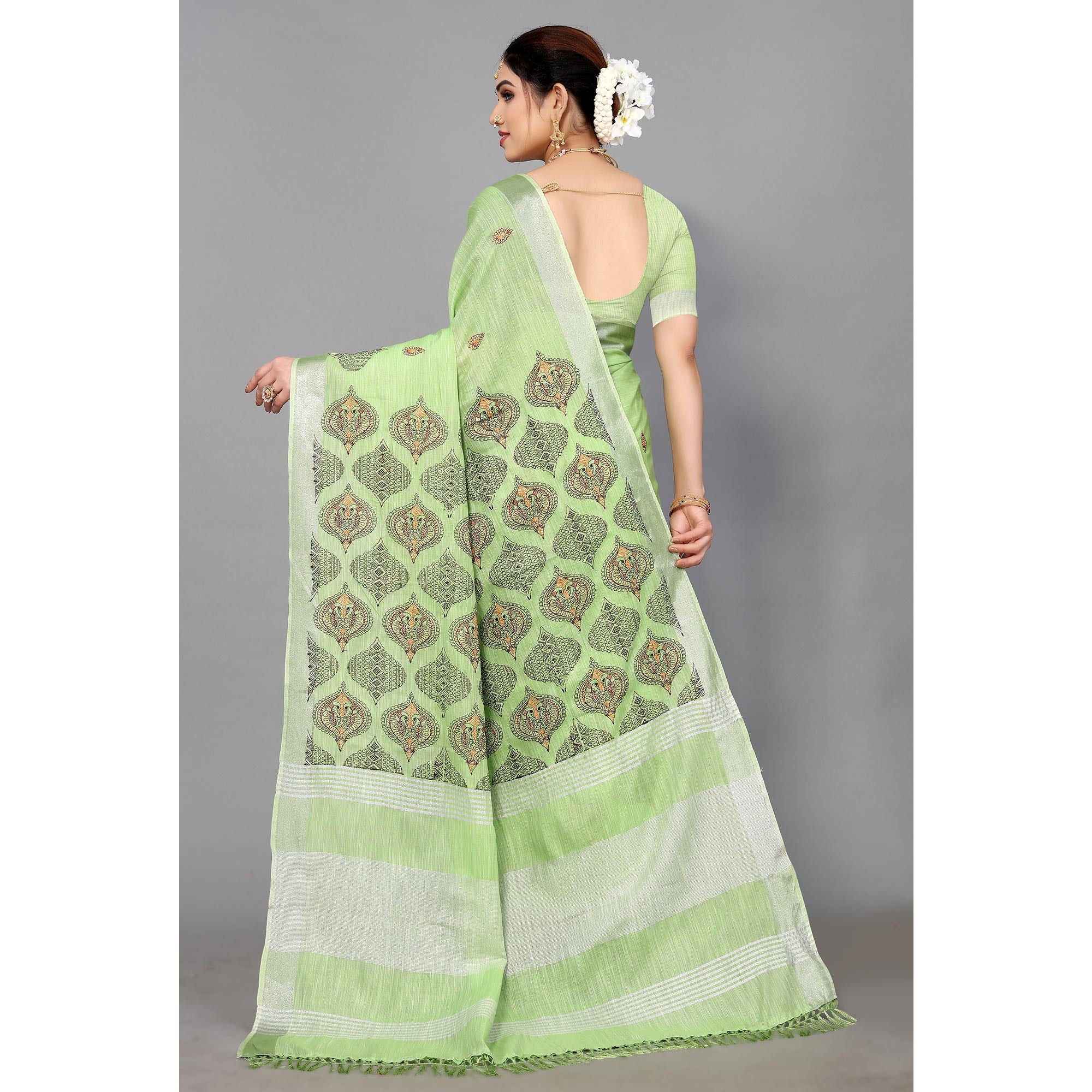 Green Embroidered Cotton Silk Saree With Tassels - Image 7