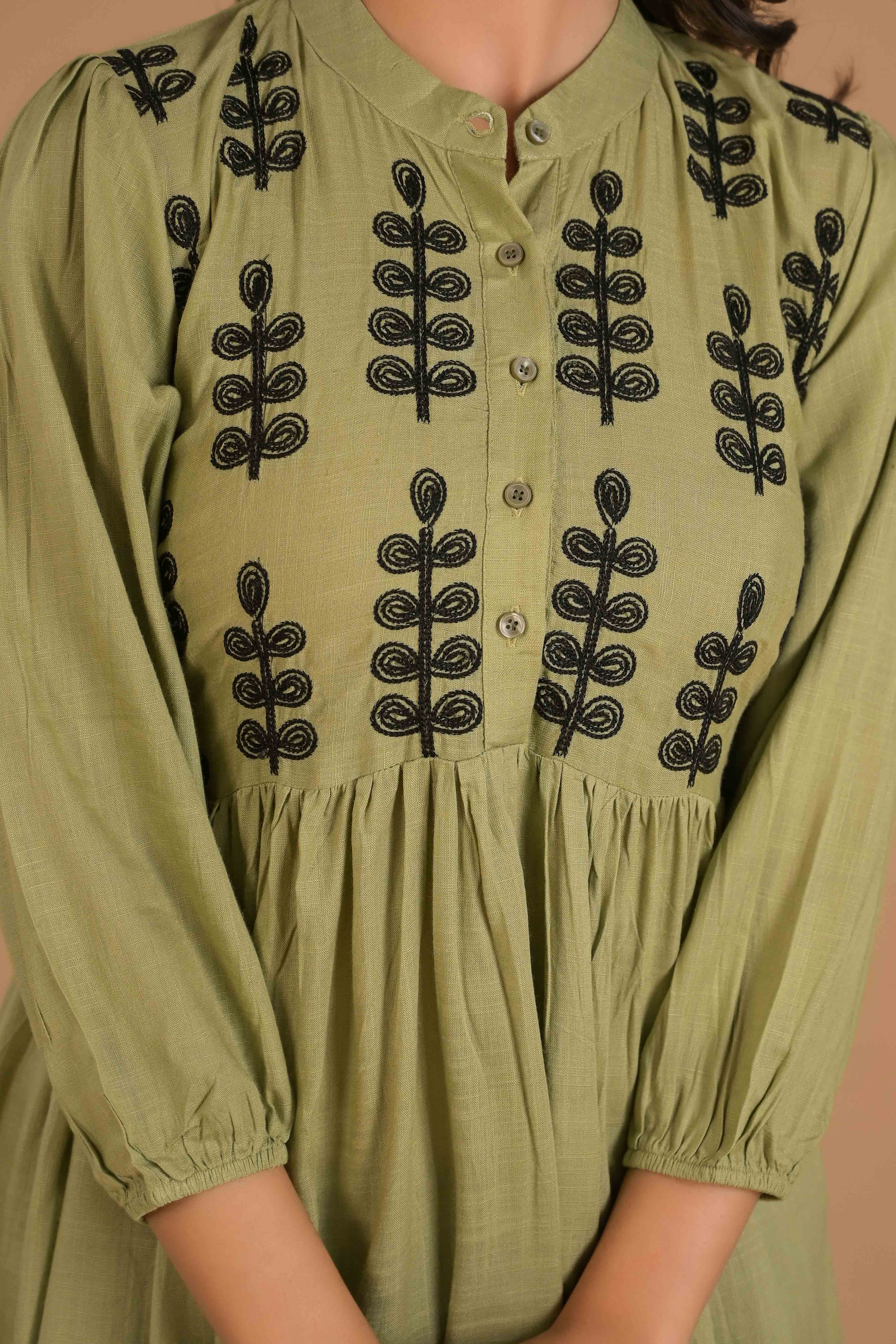Green Embroidered Cotton Slub A-Line Top - Image 2