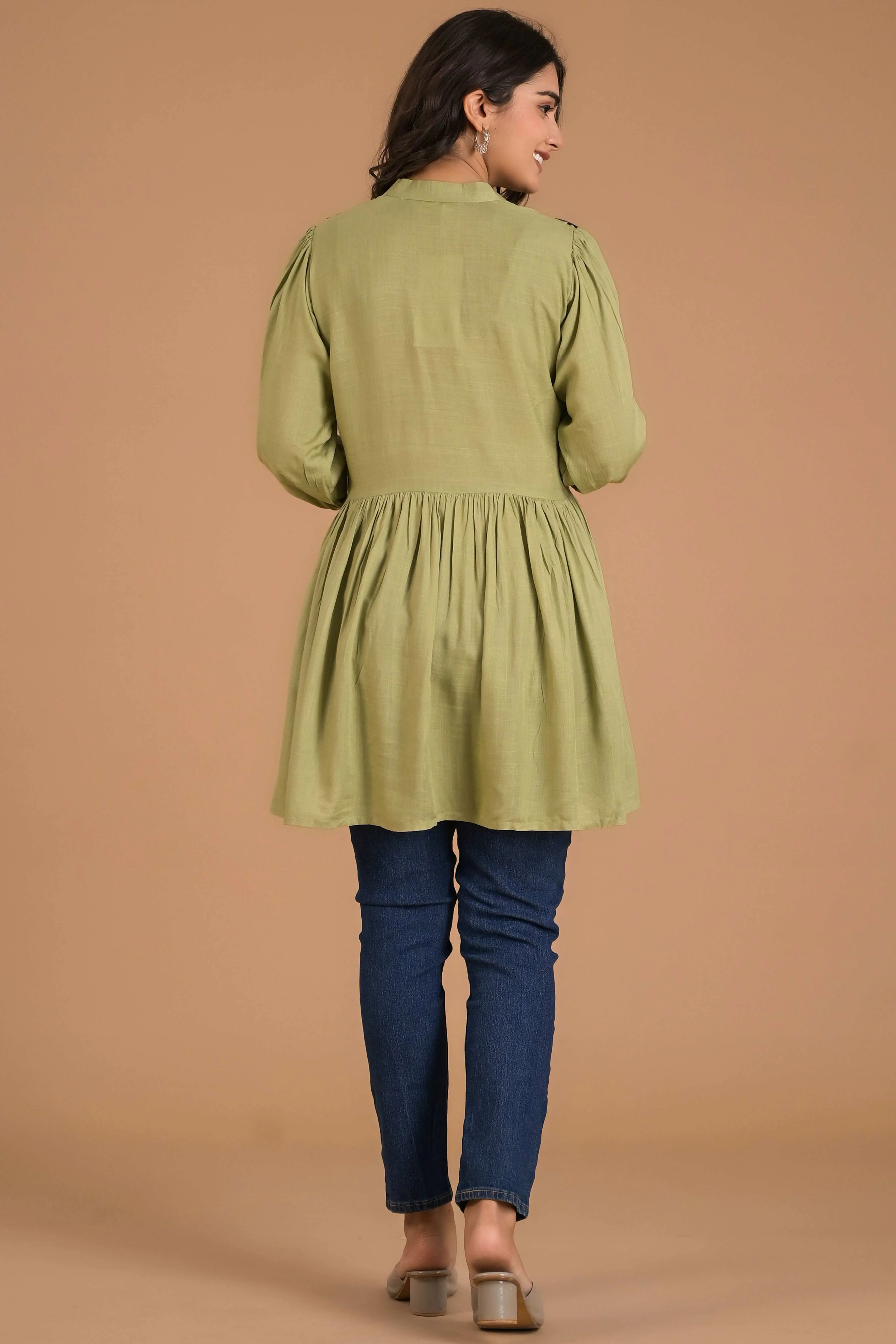 Green Embroidered Cotton Slub A-Line Top - Image 3