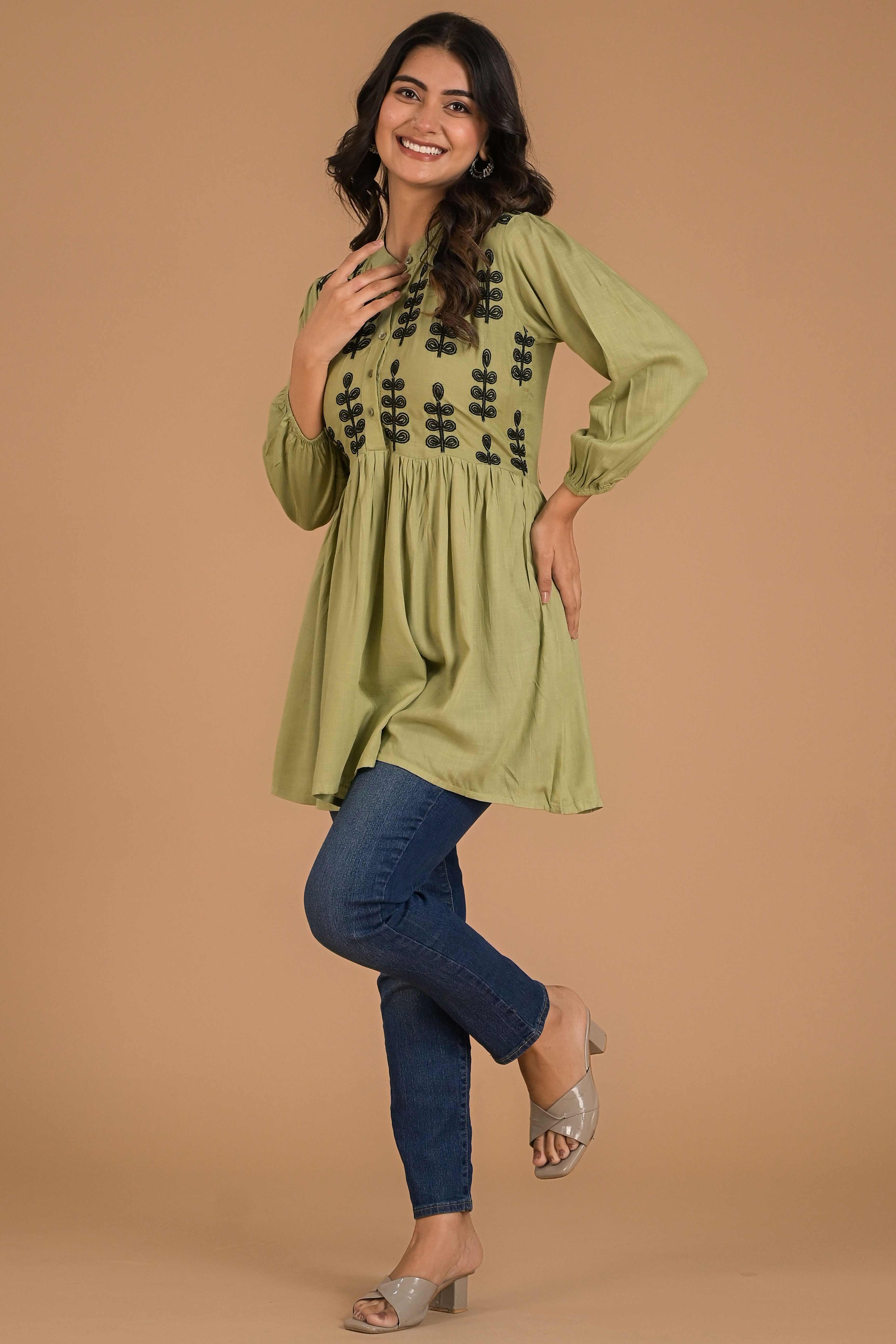 Green Embroidered Cotton Slub A-Line Top - Image 5