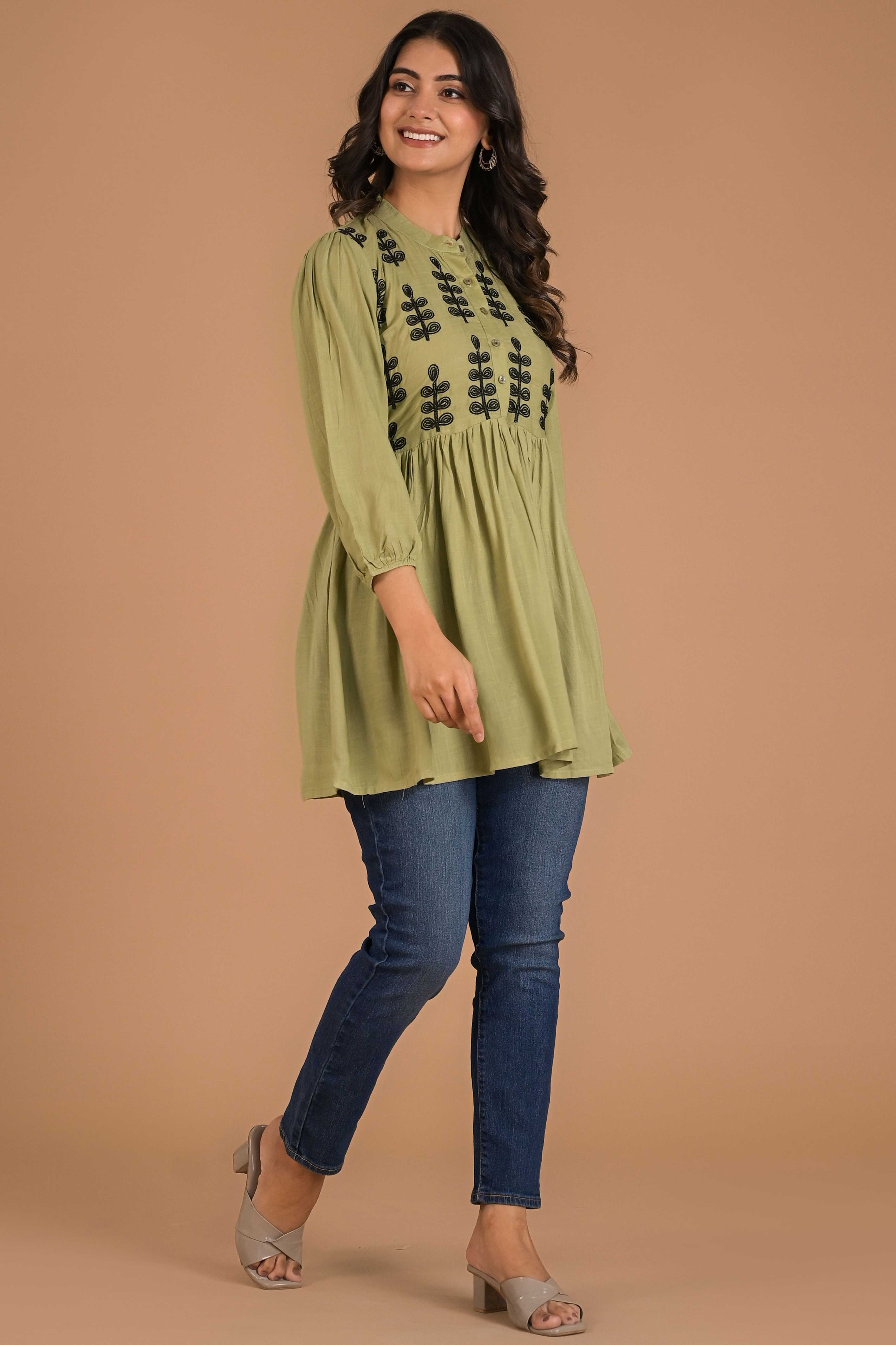 Green Embroidered Cotton Slub A-Line Top - Image 6