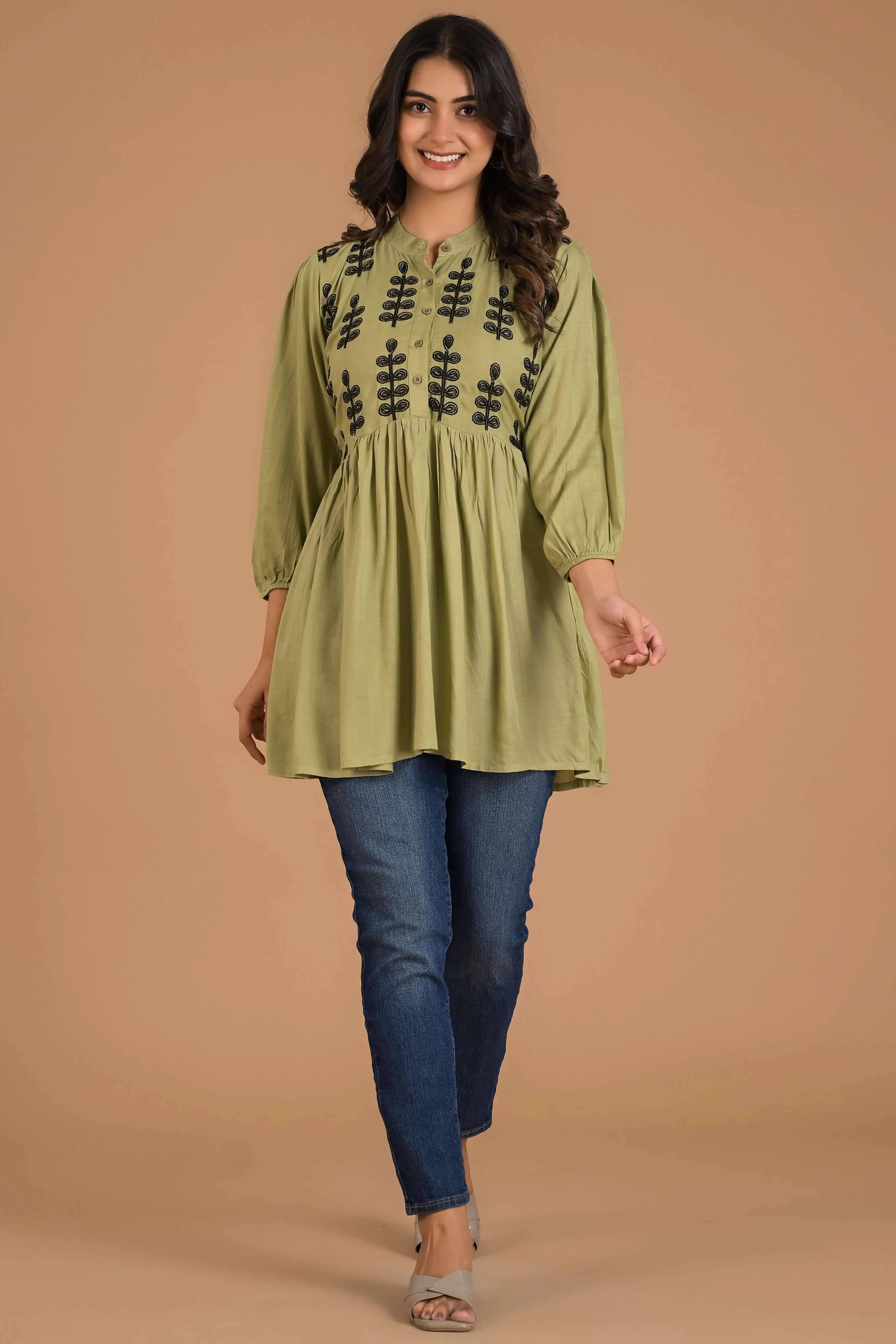 Green Embroidered Cotton Slub A-Line Top - Image 7