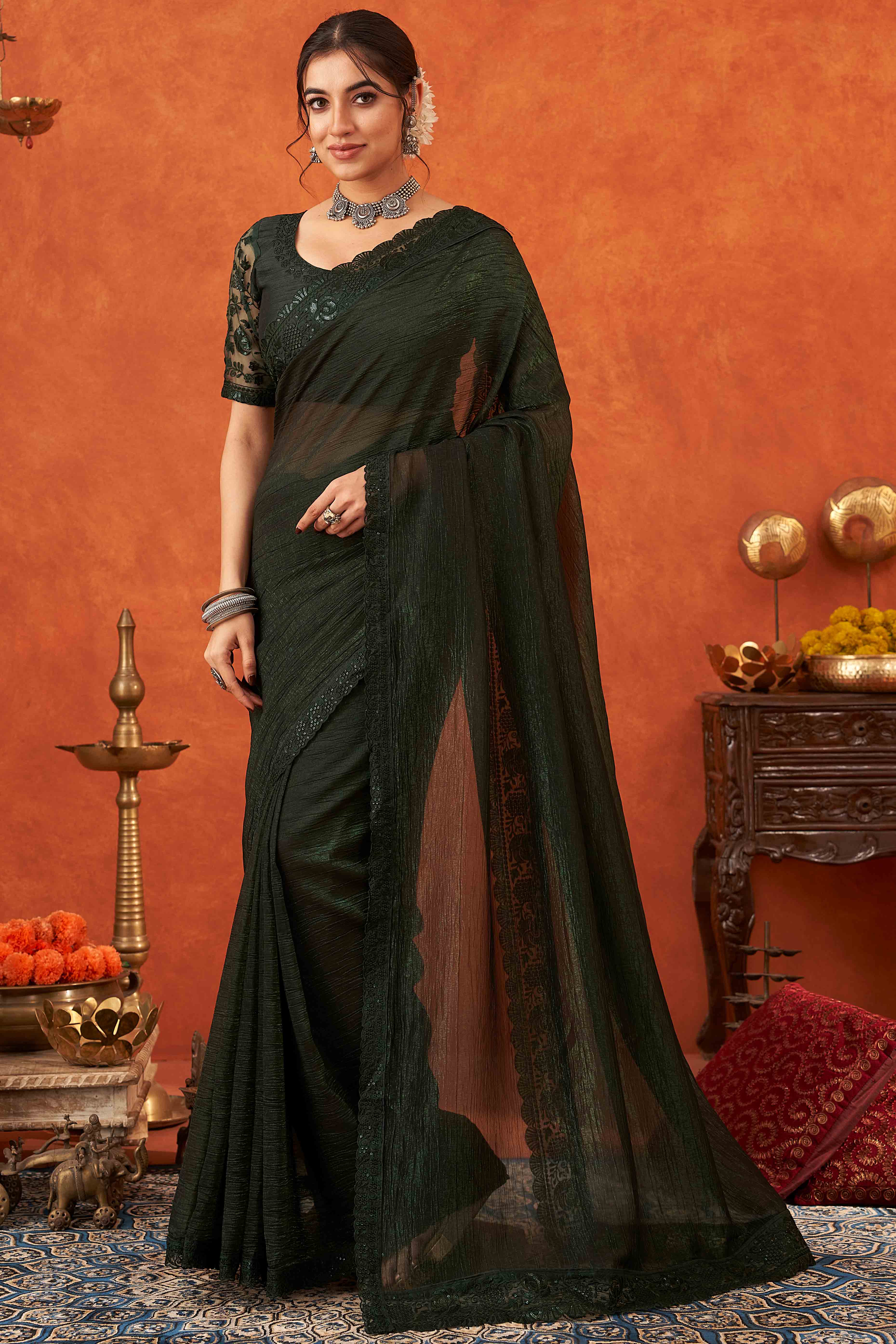 Green Embroidered Crunchy Soft Net Saree With Embellished Border - Image 3