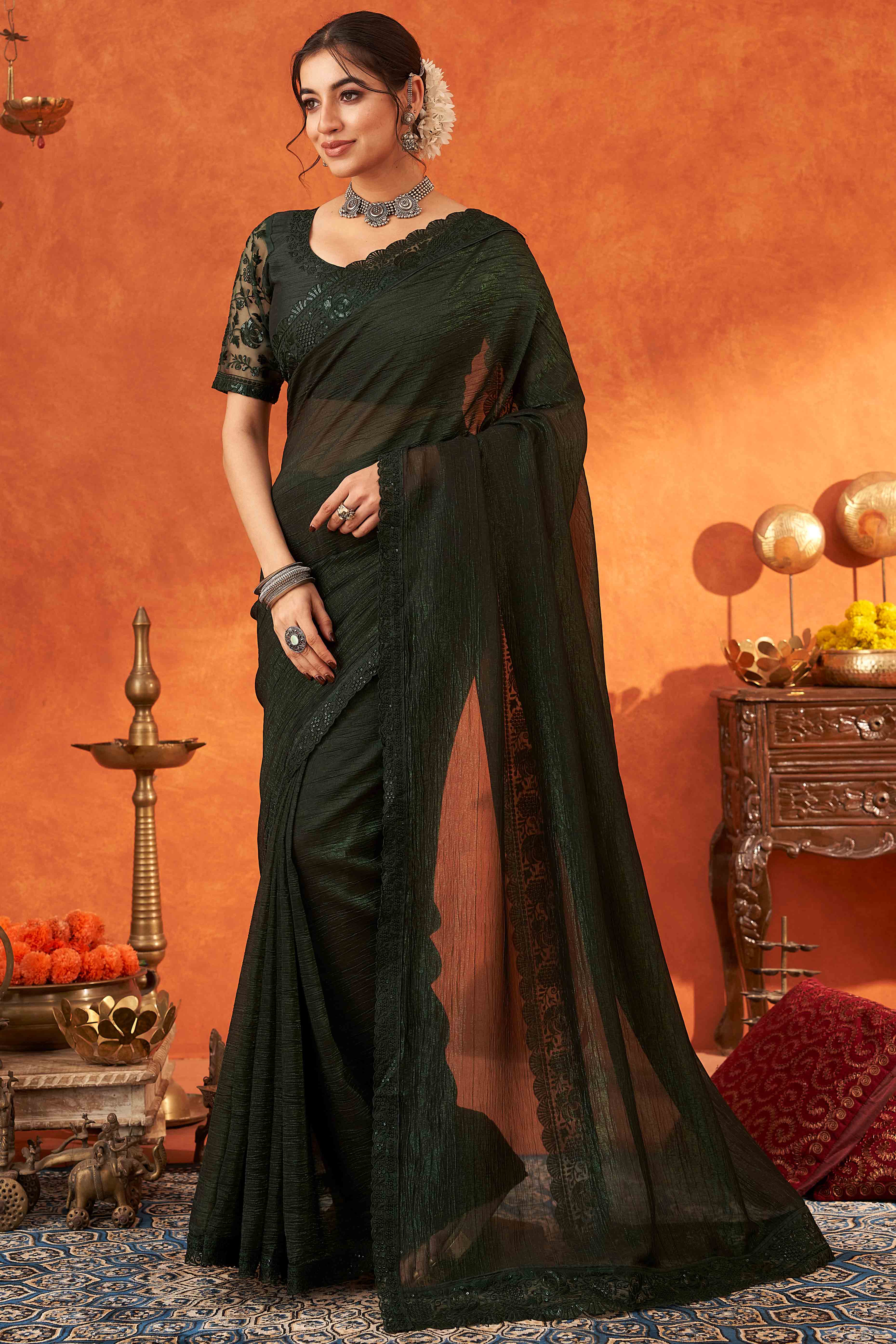 Green Embroidered Crunchy Soft Net Saree With Embellished Border - Image 4