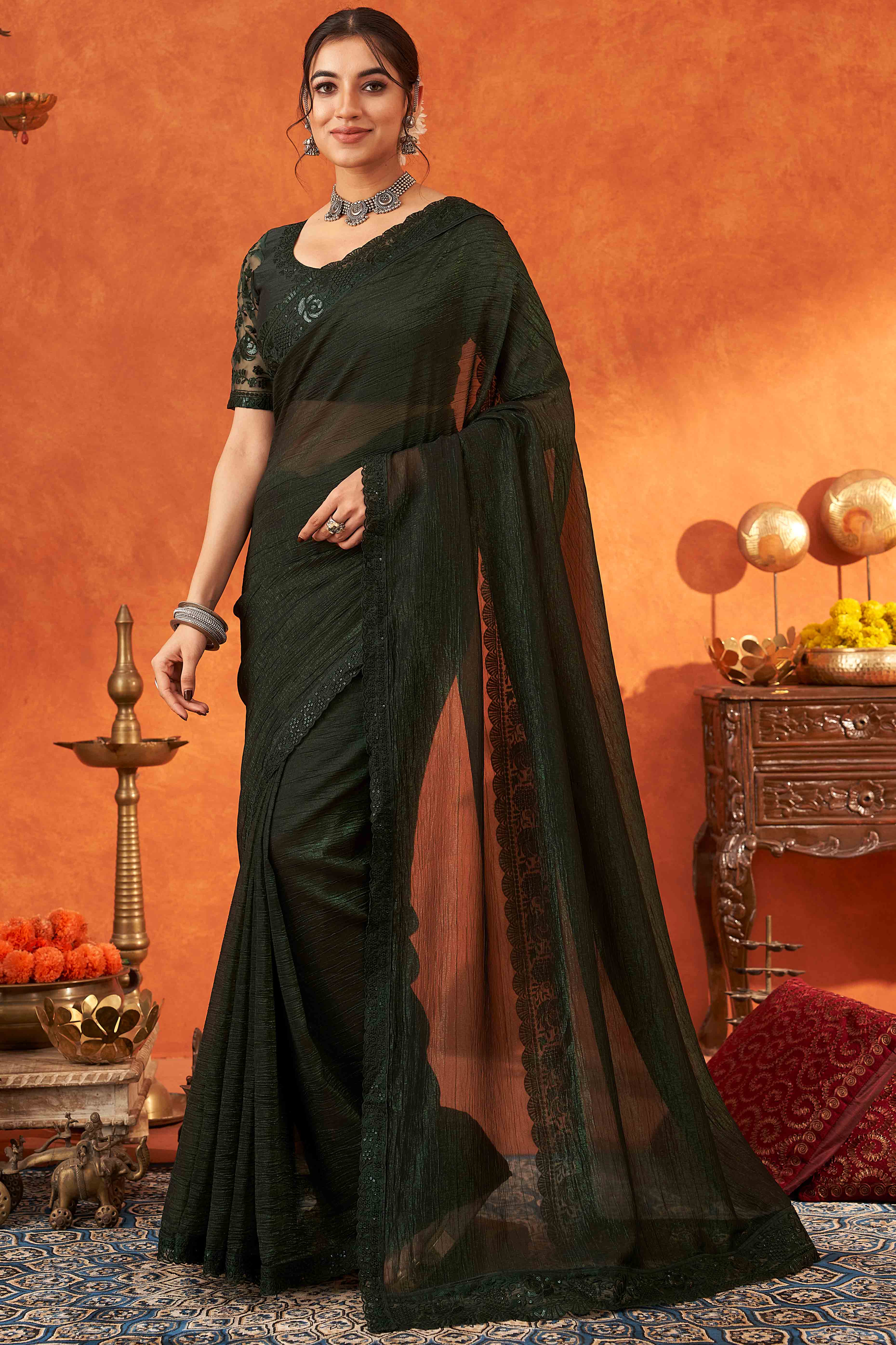 Green Embroidered Crunchy Soft Net Saree With Embellished Border - Image 5