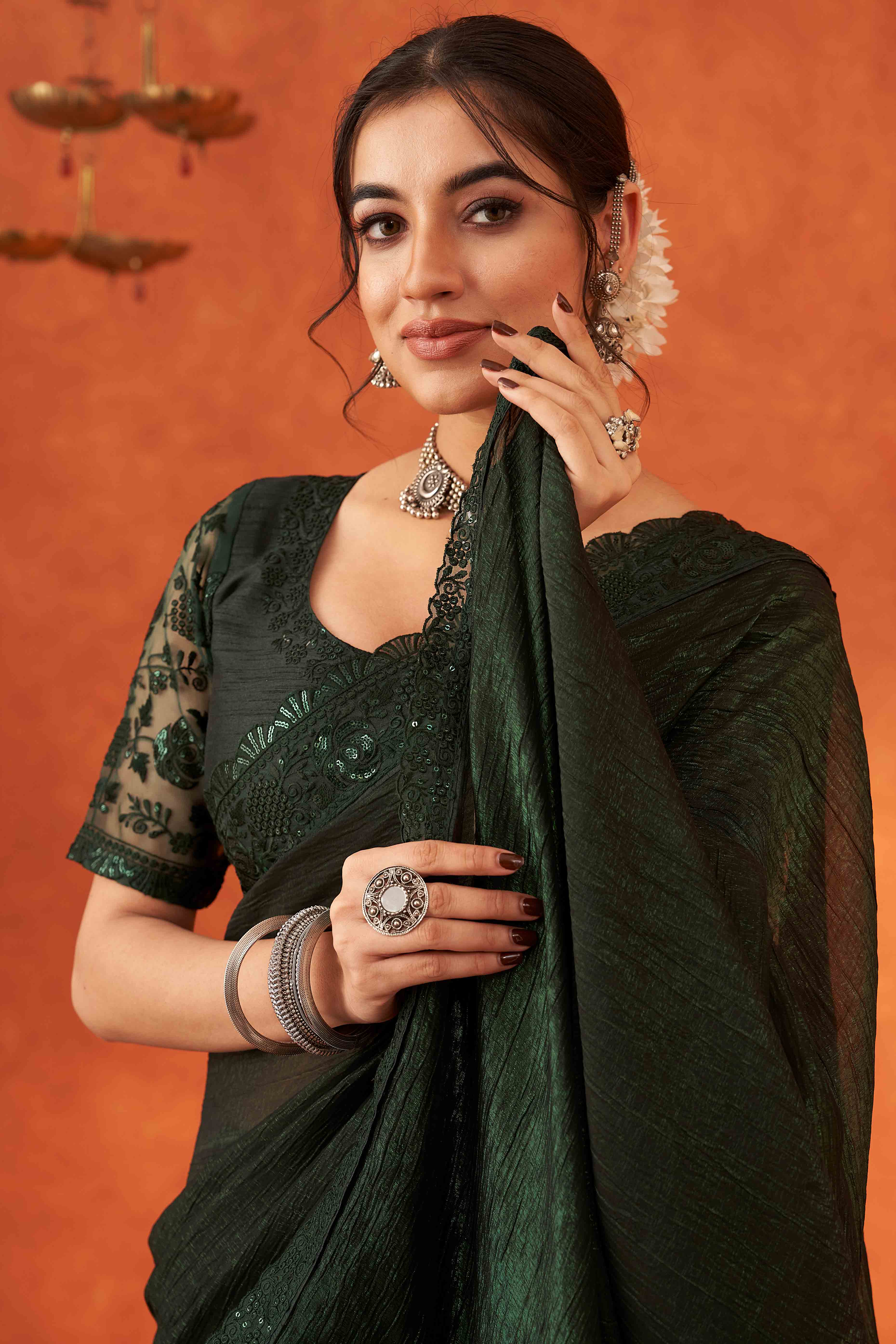 Green Embroidered Crunchy Soft Net Saree With Embellished Border - Image 7