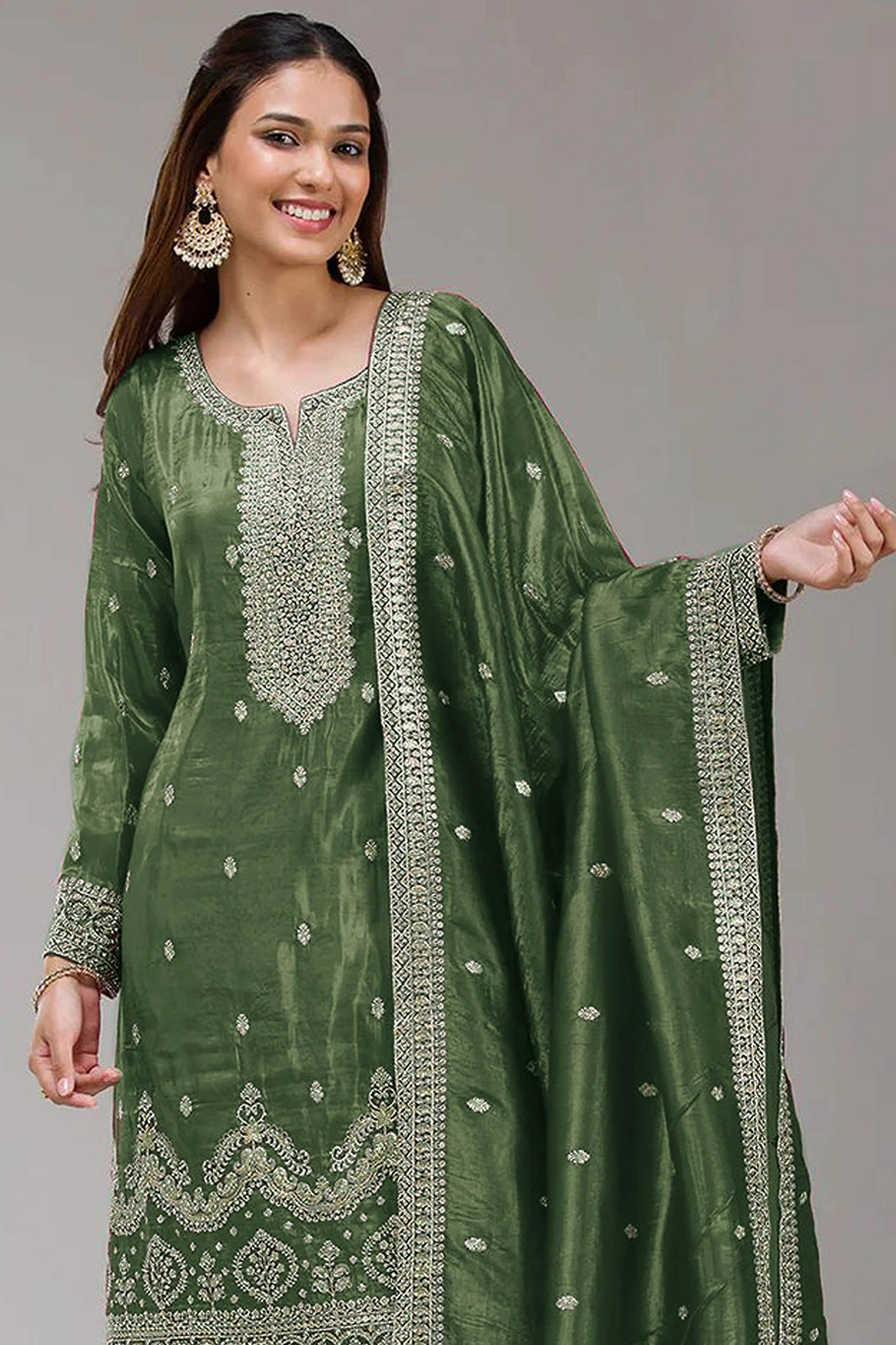 Green Embroidered Georgette Palazzo Style Semi-Stitched Salwar Suit for Graceful Occasions - Image 3