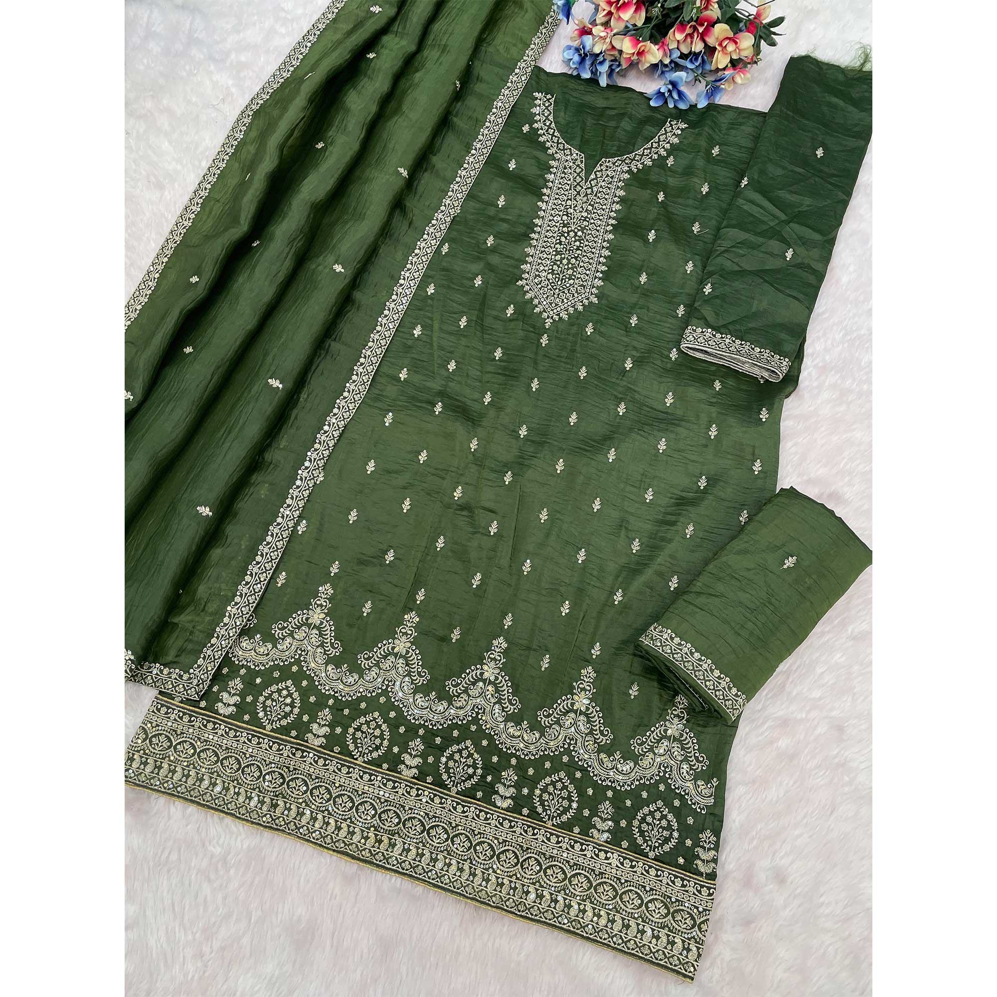 Green Embroidered Georgette Palazzo Style Semi-Stitched Salwar Suit for Graceful Occasions - Image 4