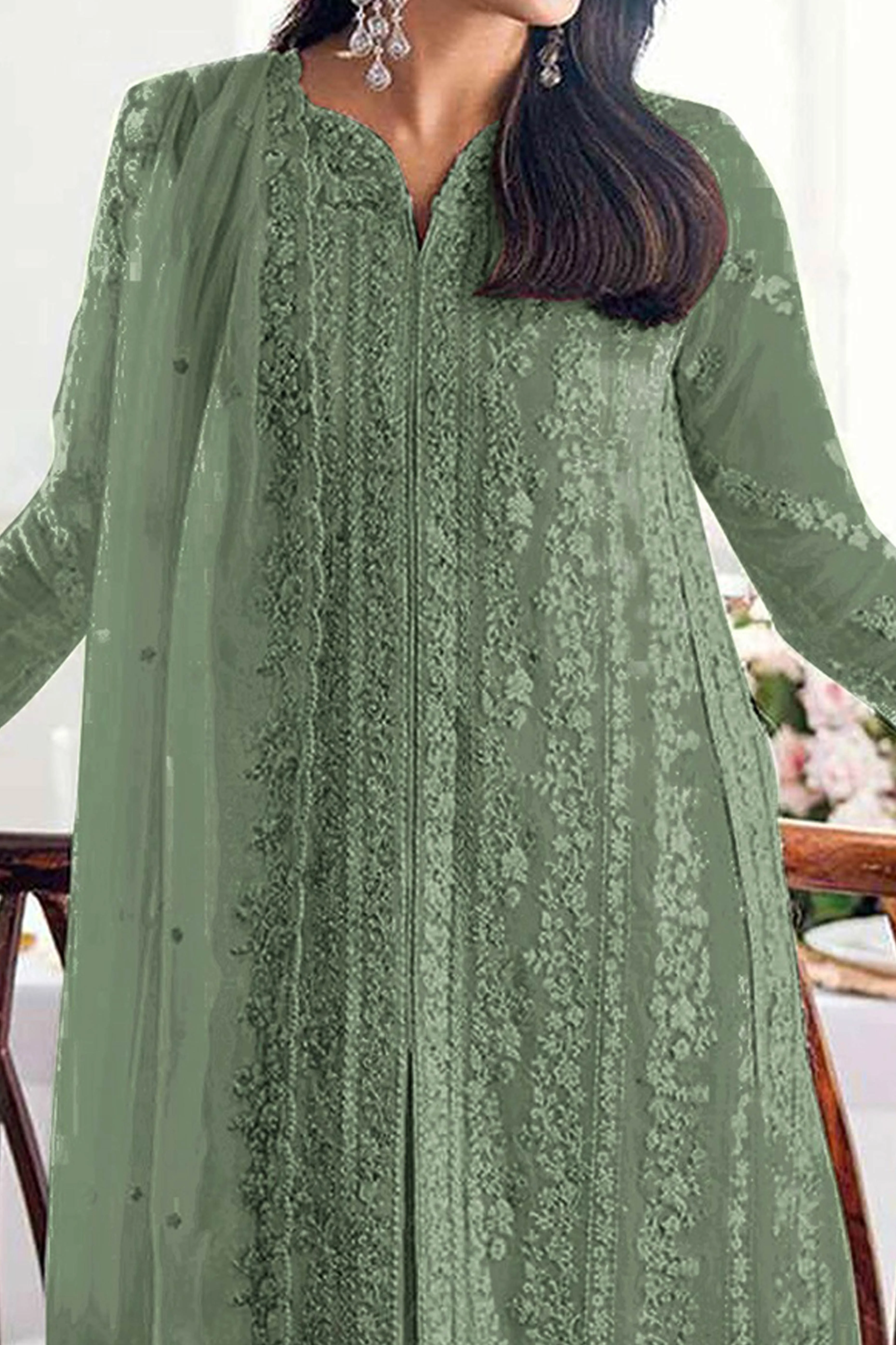 Green Embroidered Georgette Semi-Stitched Pakistani Salwar Suit with Shimmering Sequins - Image 2