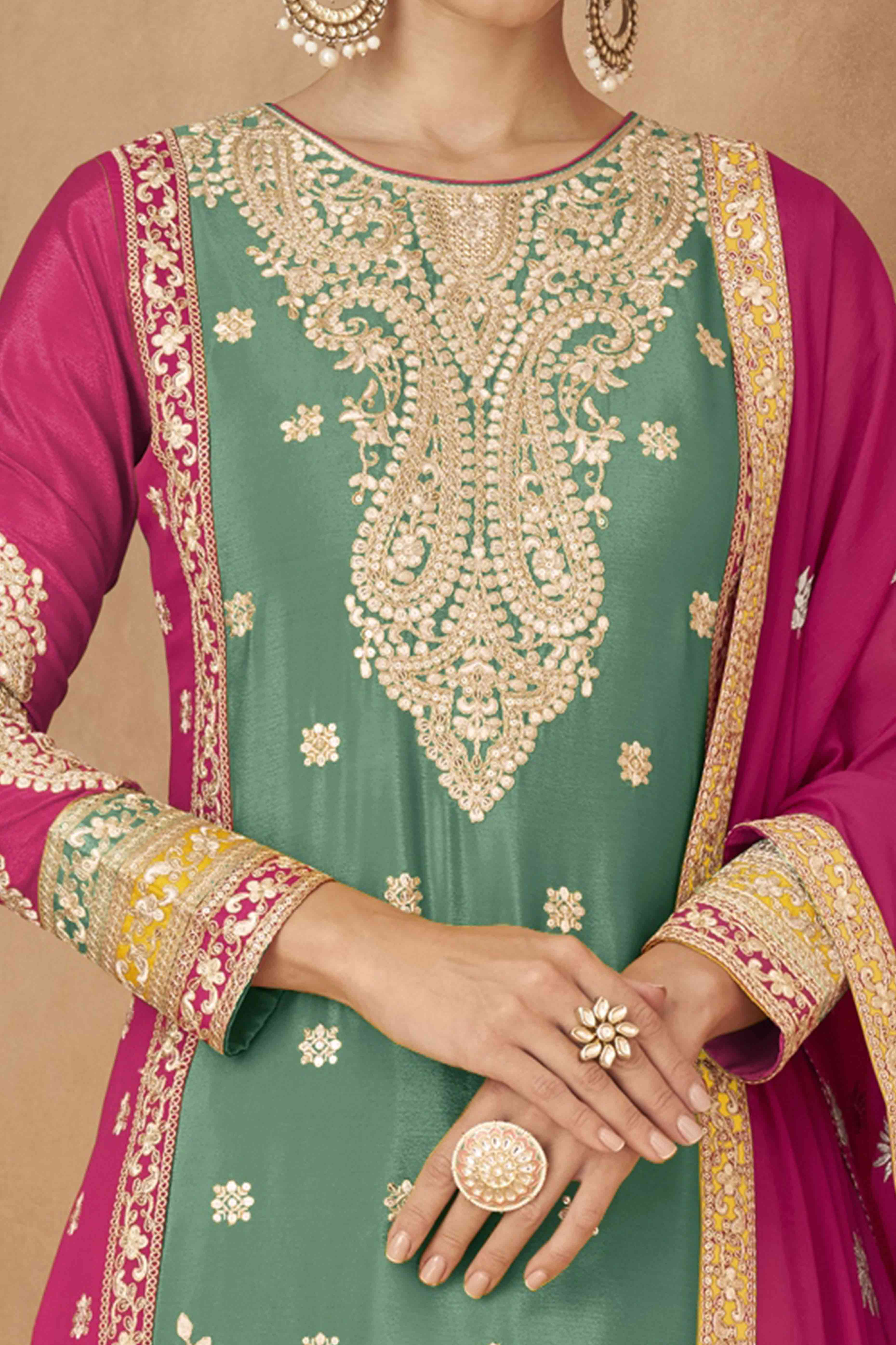 Green Embroidered Sequins Work Chinon Semi-Stitched Salwar Suit - Image 2