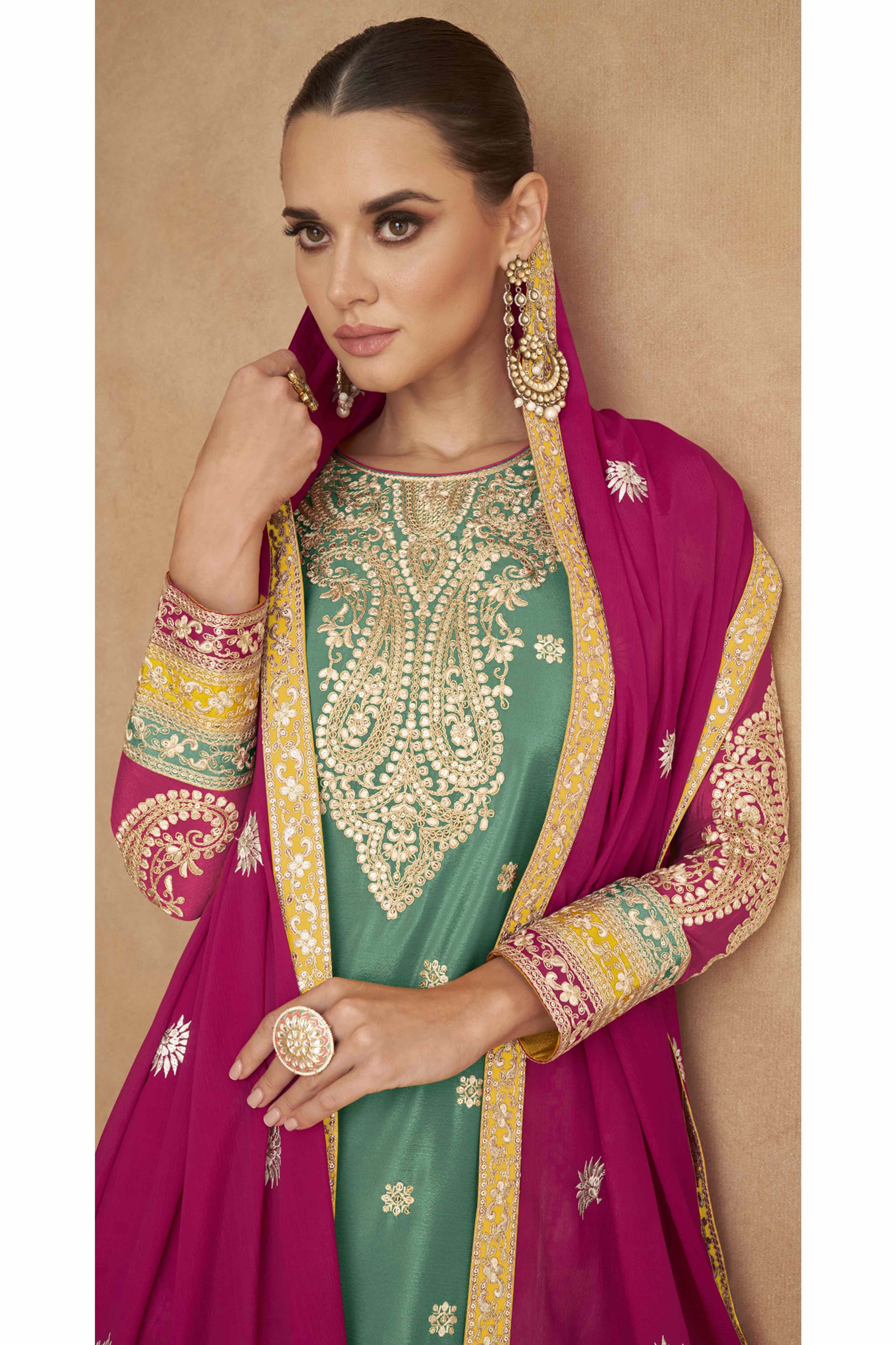 Green Embroidered Sequins Work Chinon Semi-Stitched Salwar Suit - Image 4