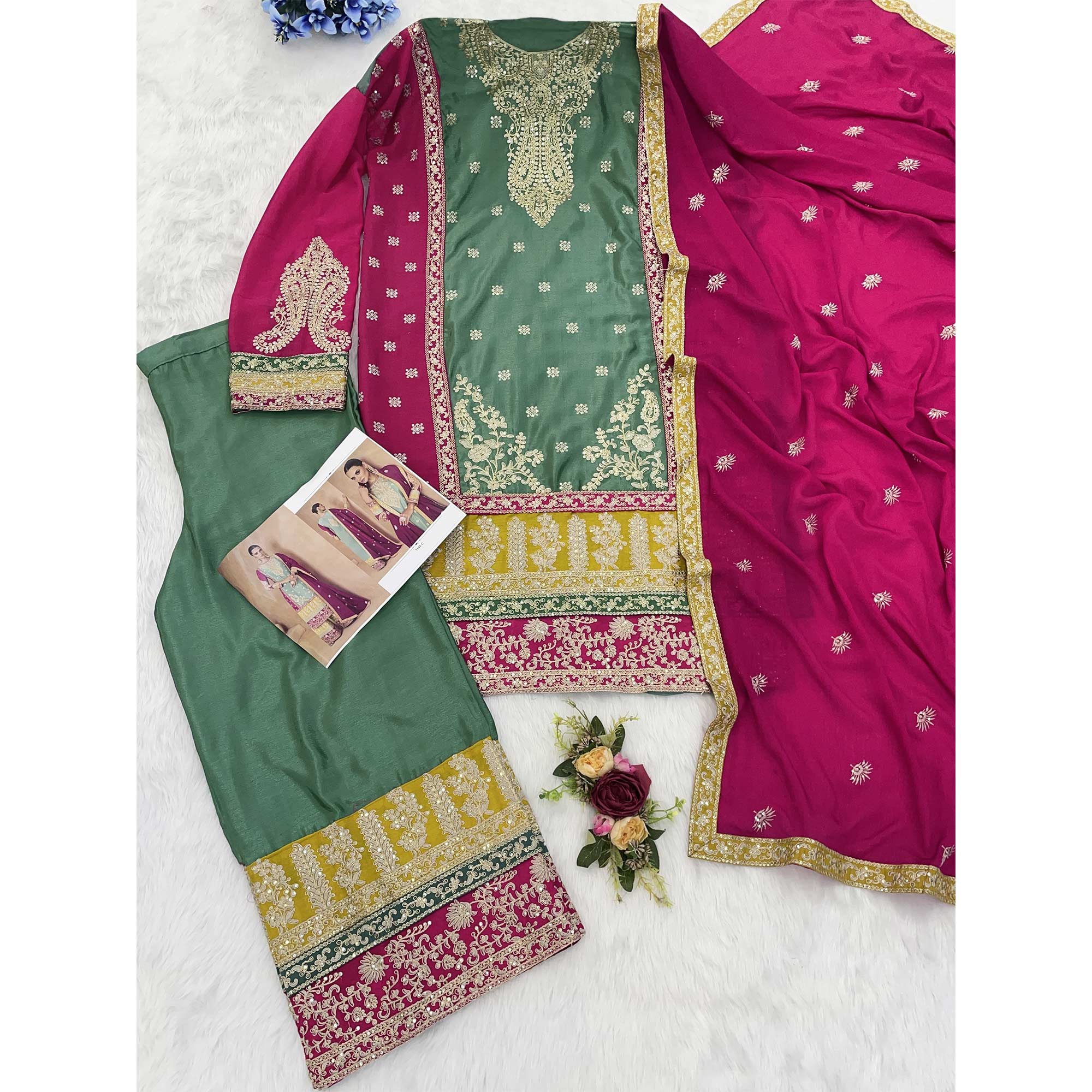 Green Embroidered Sequins Work Chinon Semi-Stitched Salwar Suit - Image 5