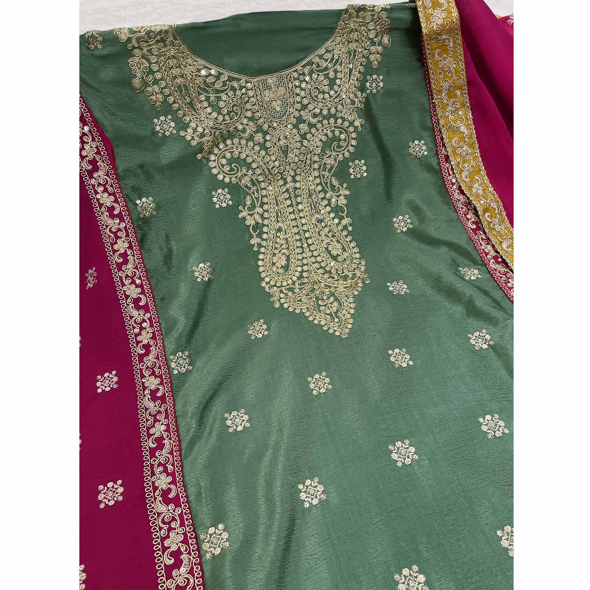 Green Embroidered Sequins Work Chinon Semi-Stitched Salwar Suit - Image 6