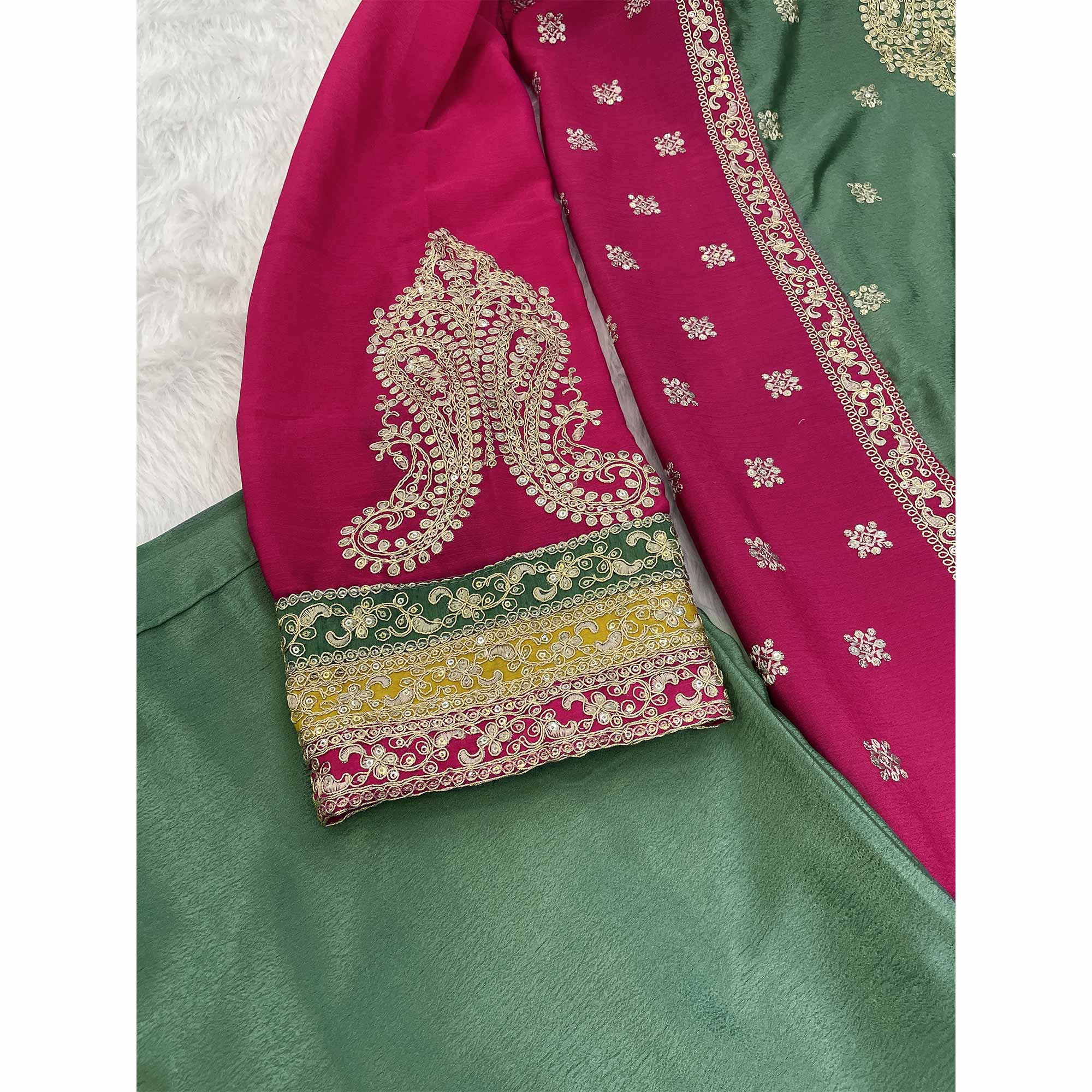 Green Embroidered Sequins Work Chinon Semi-Stitched Salwar Suit - Image 7