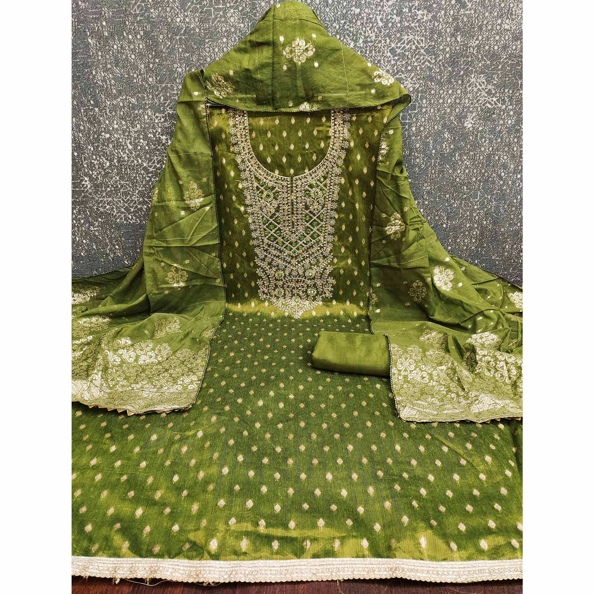 Green Embroidered Shimmer Fabric with Beautiful Zari Work for Unstitched Suits - Image 3