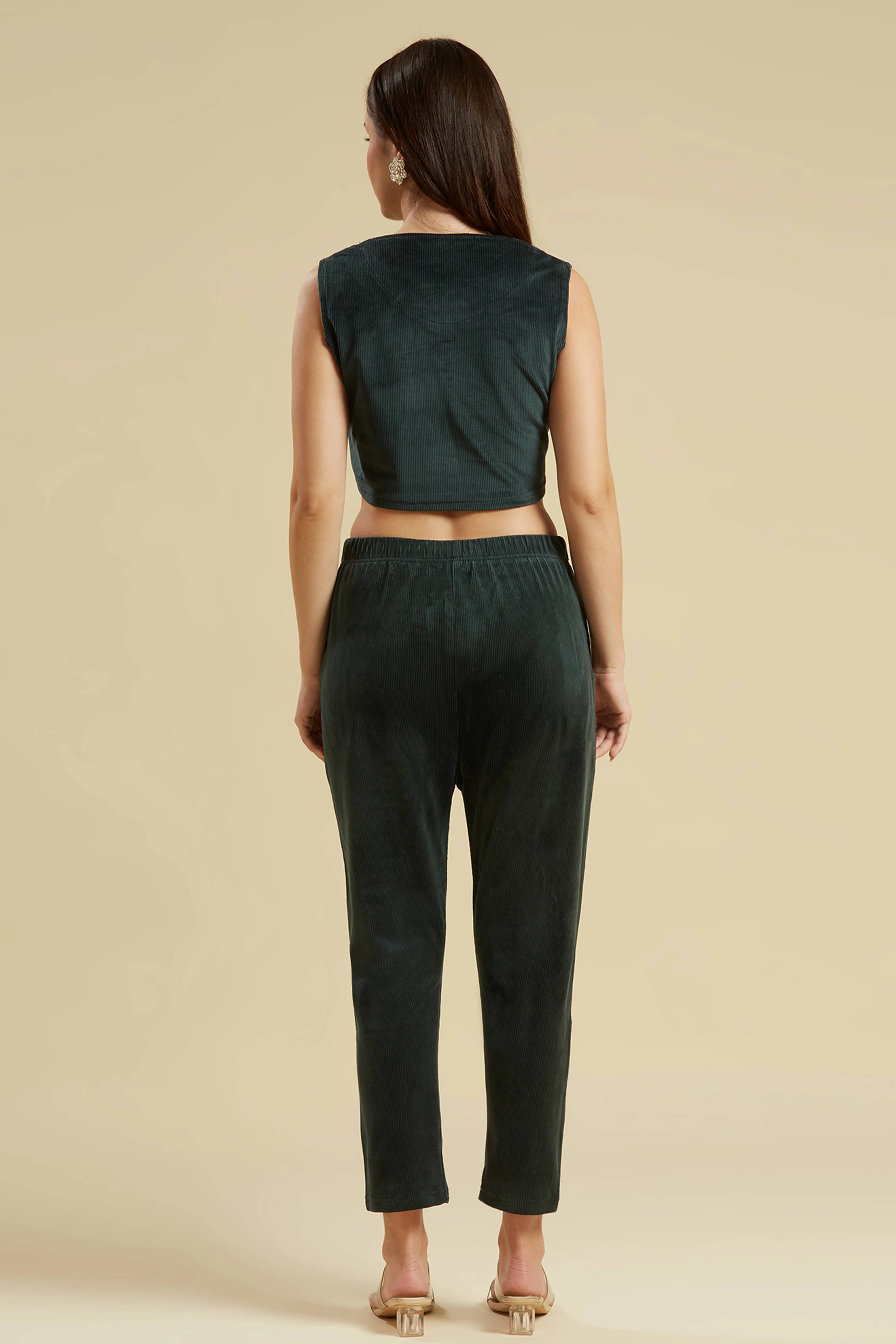 Green Embroidered Velvet Front Slit Top Bottom Set - Image 8