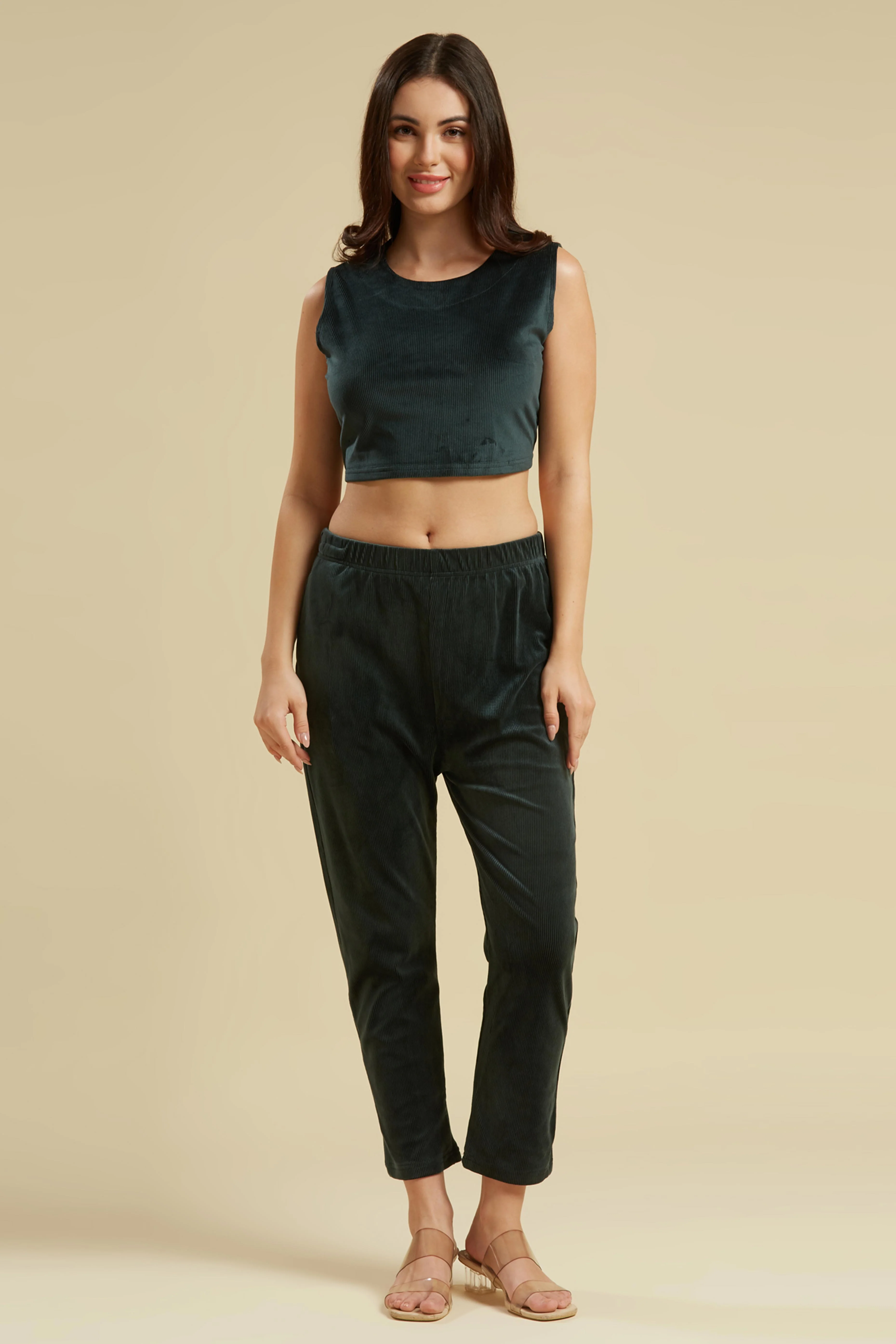 Green Embroidered Velvet Front Slit Top Bottom Set - Image 9