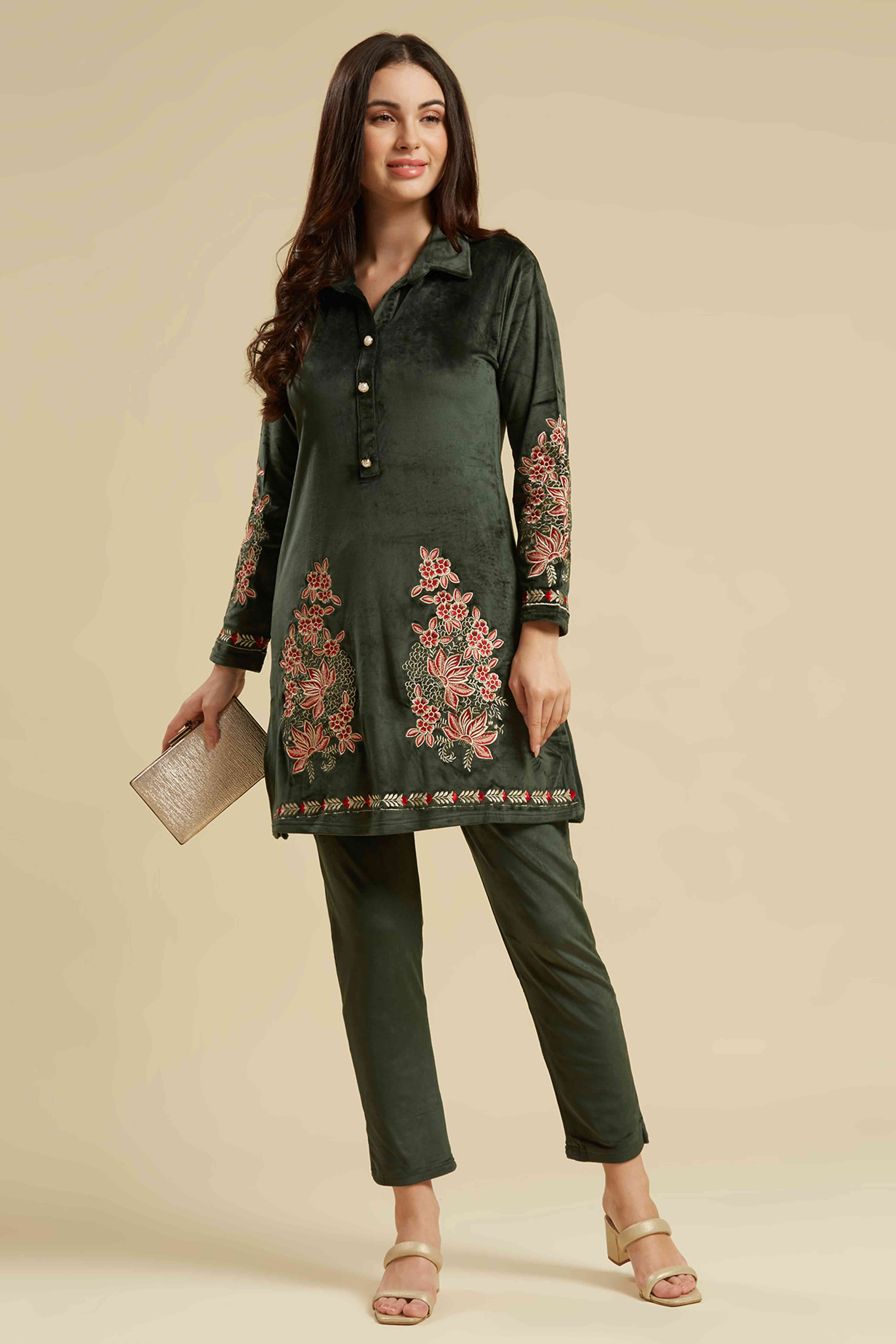 Green Embroidered Velvet Straight Top Bottom Set