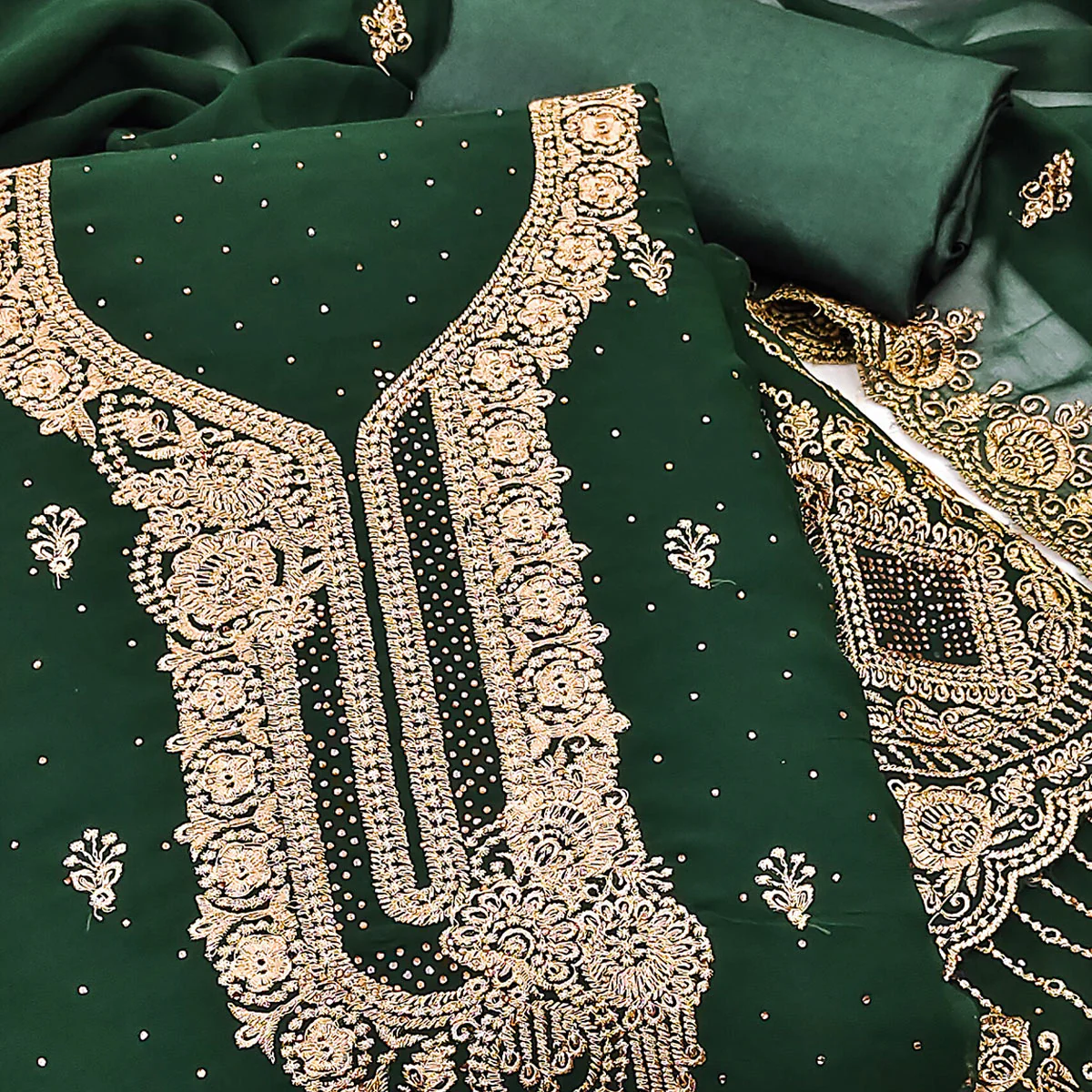 Green Embroidered With Swarovski Work Georgette Dress Material - Image 2