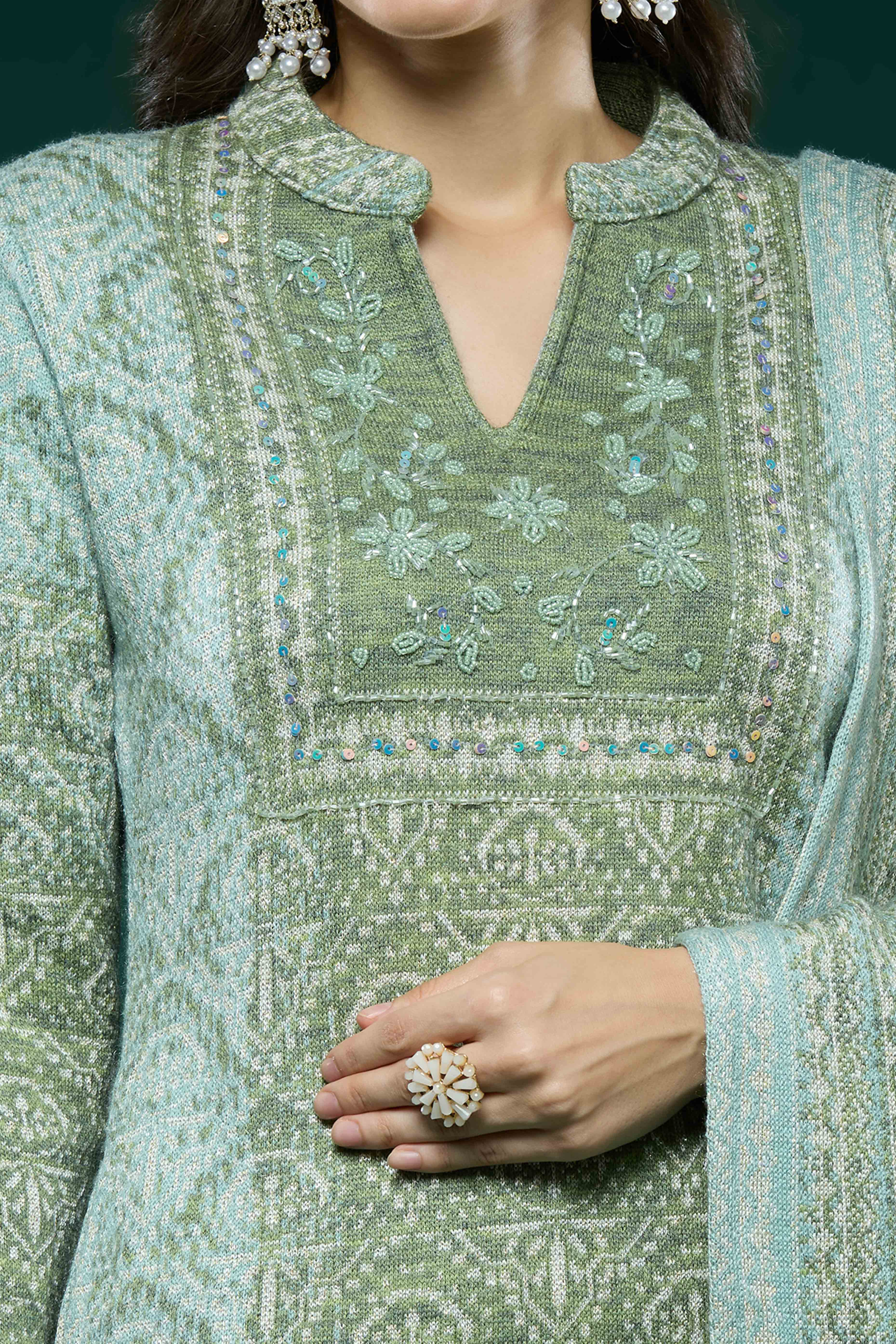 Green Woven Woolen Straight Salwar Suit - Image 2