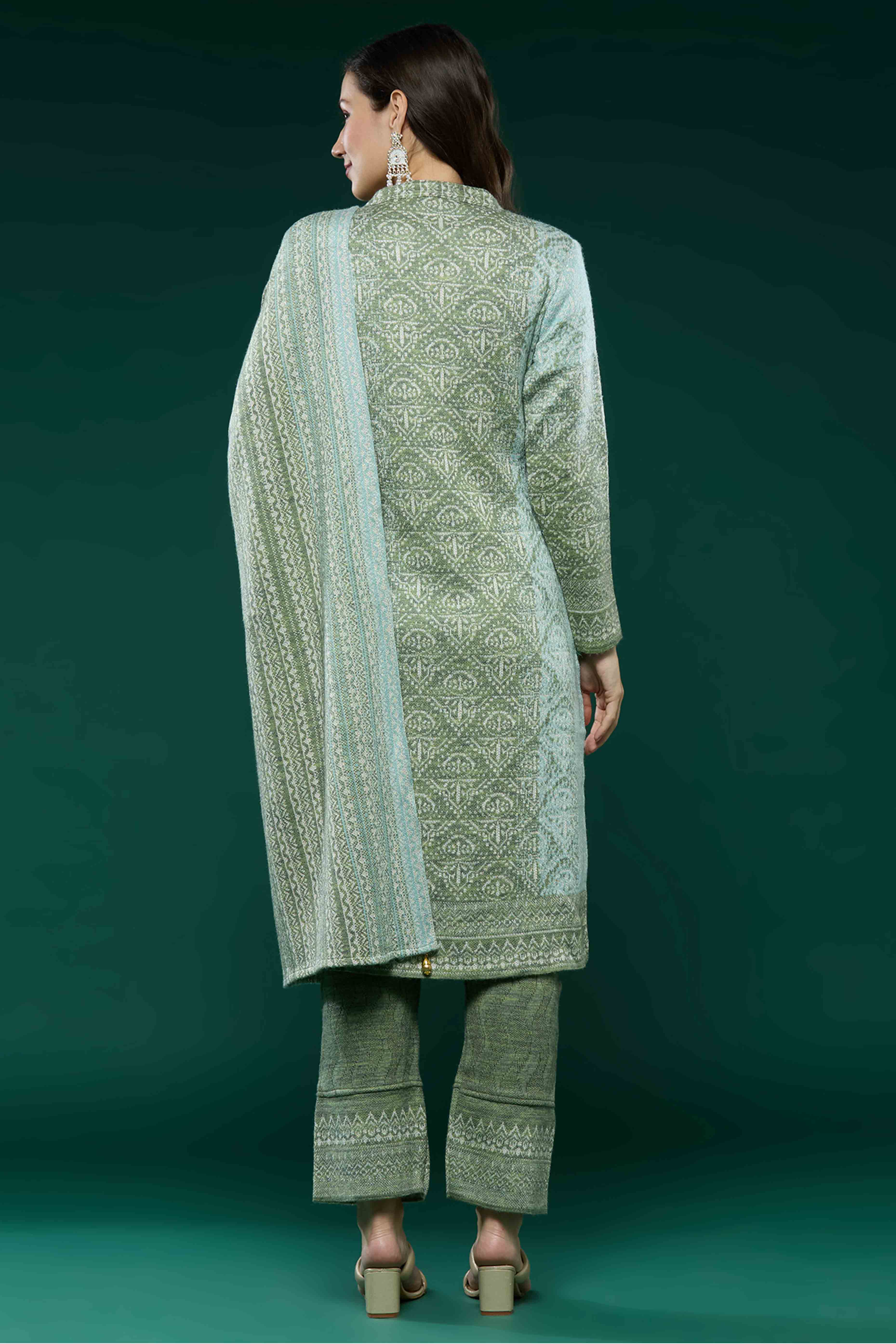 Green Woven Woolen Straight Salwar Suit - Image 3