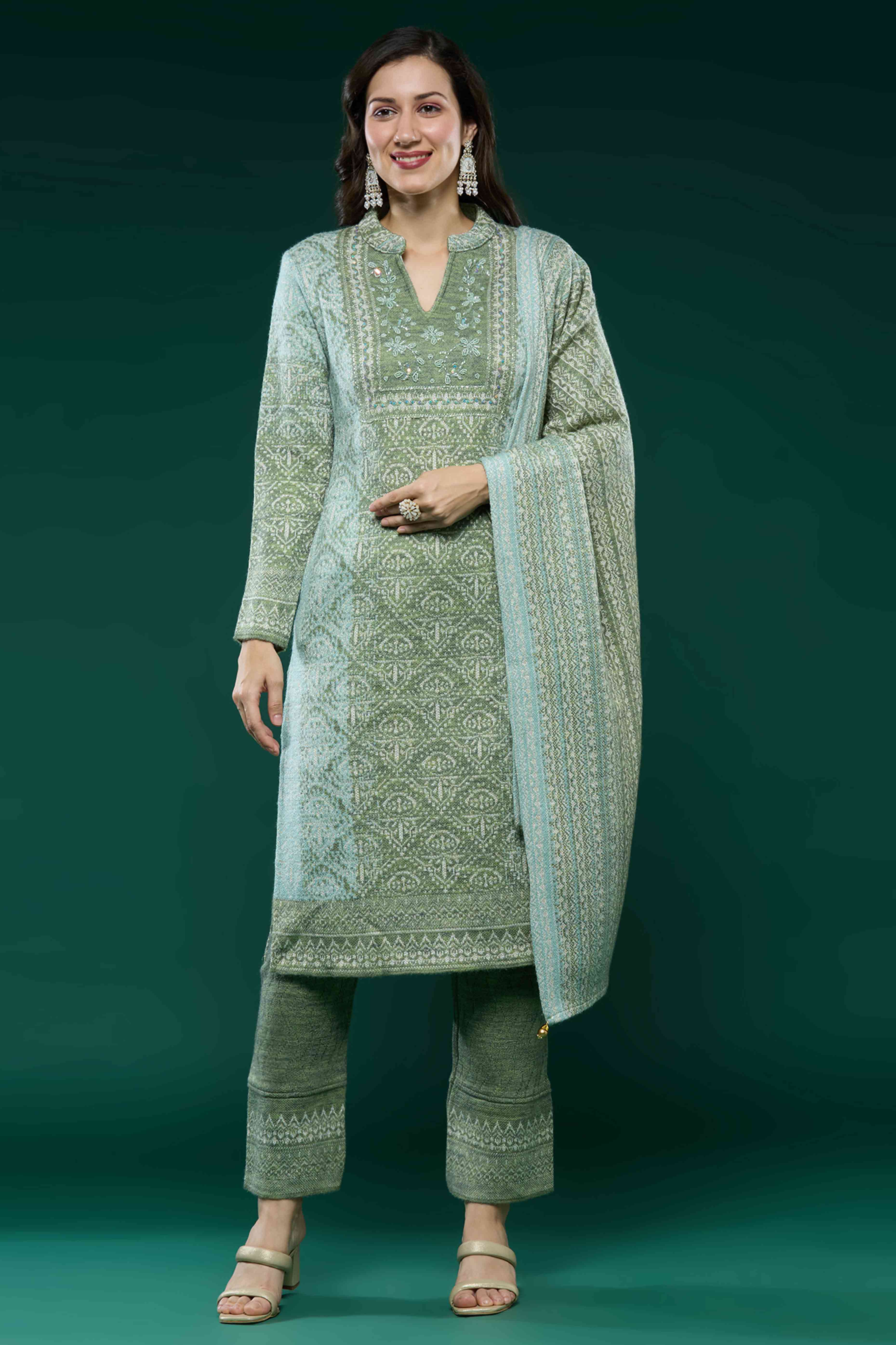 Green Woven Woolen Straight Salwar Suit - Image 6