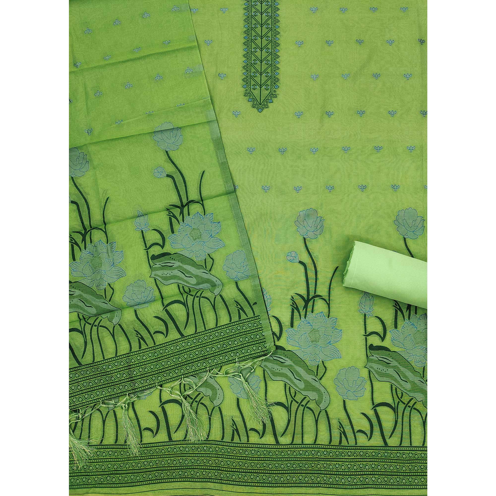 Green Ethnic Dress Material Showcasing Handloom Style Floral Zari Weaving - Image 4