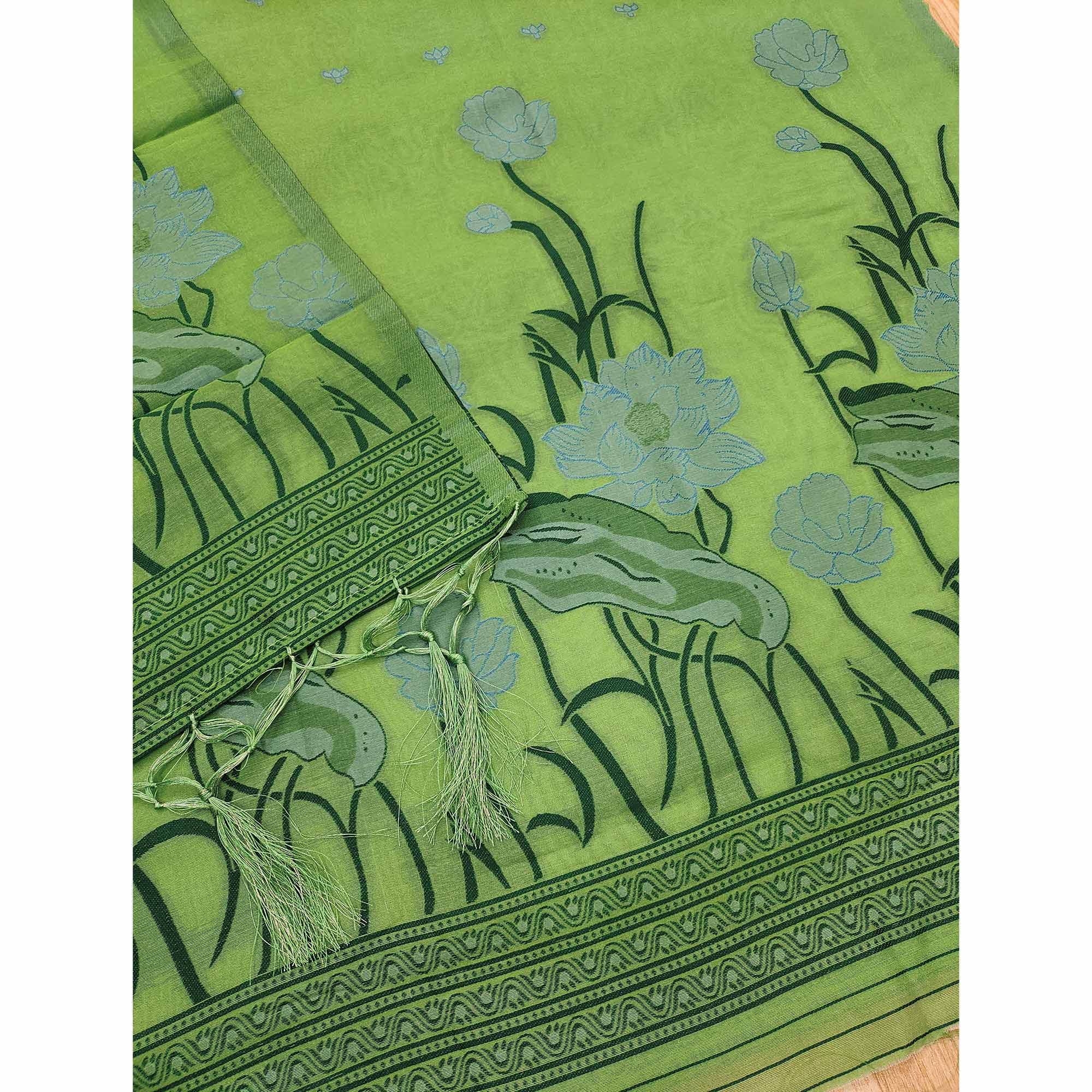 Green Ethnic Dress Material Showcasing Handloom Style Floral Zari Weaving - Image 5