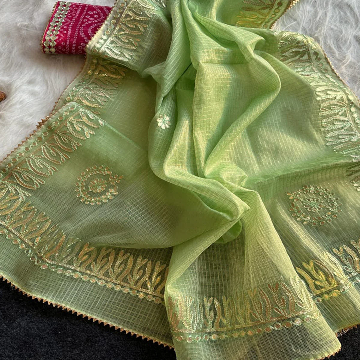 Green Festive Kota Doria Saree Decorated with Classic Gota Work Embroidery - Image 2