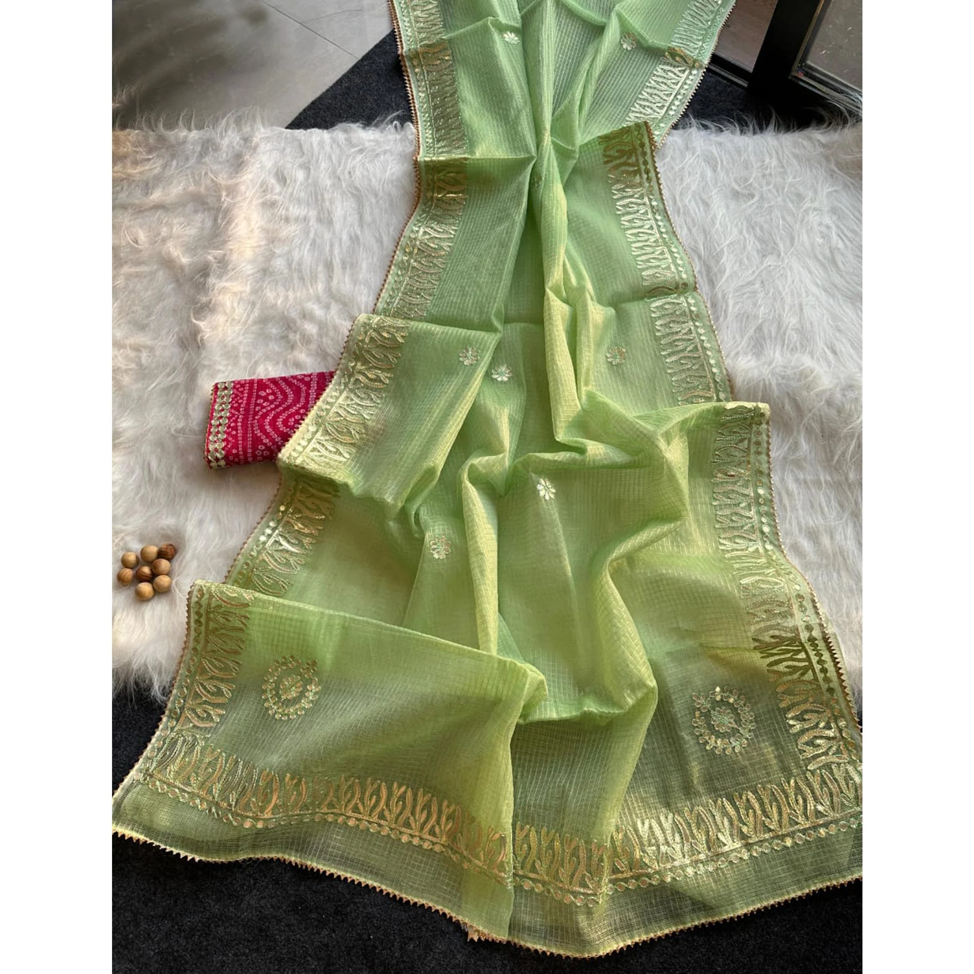 Green Festive Kota Doria Saree Decorated with Classic Gota Work Embroidery - Image 3