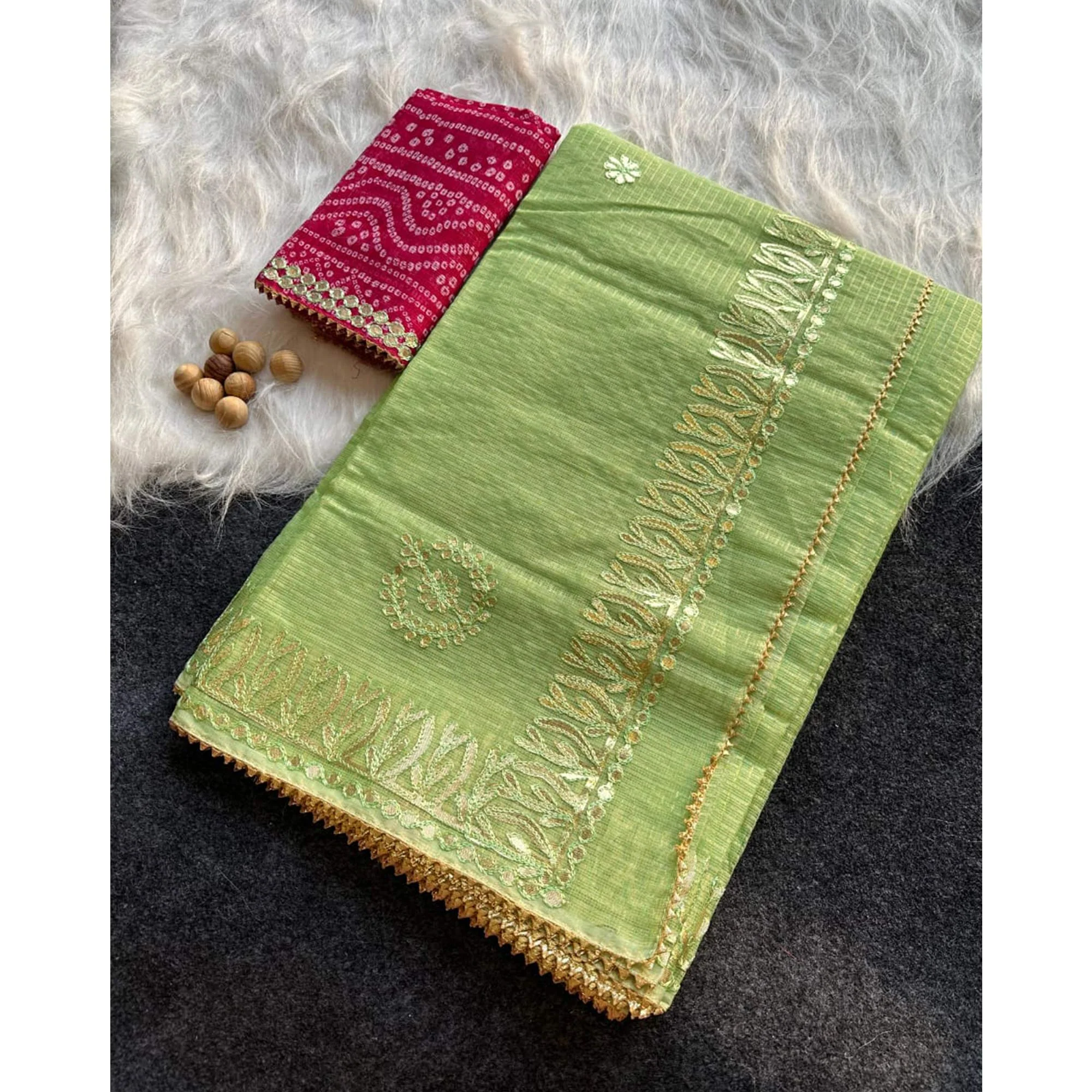 Green Festive Kota Doria Saree Decorated with Classic Gota Work Embroidery - Image 4
