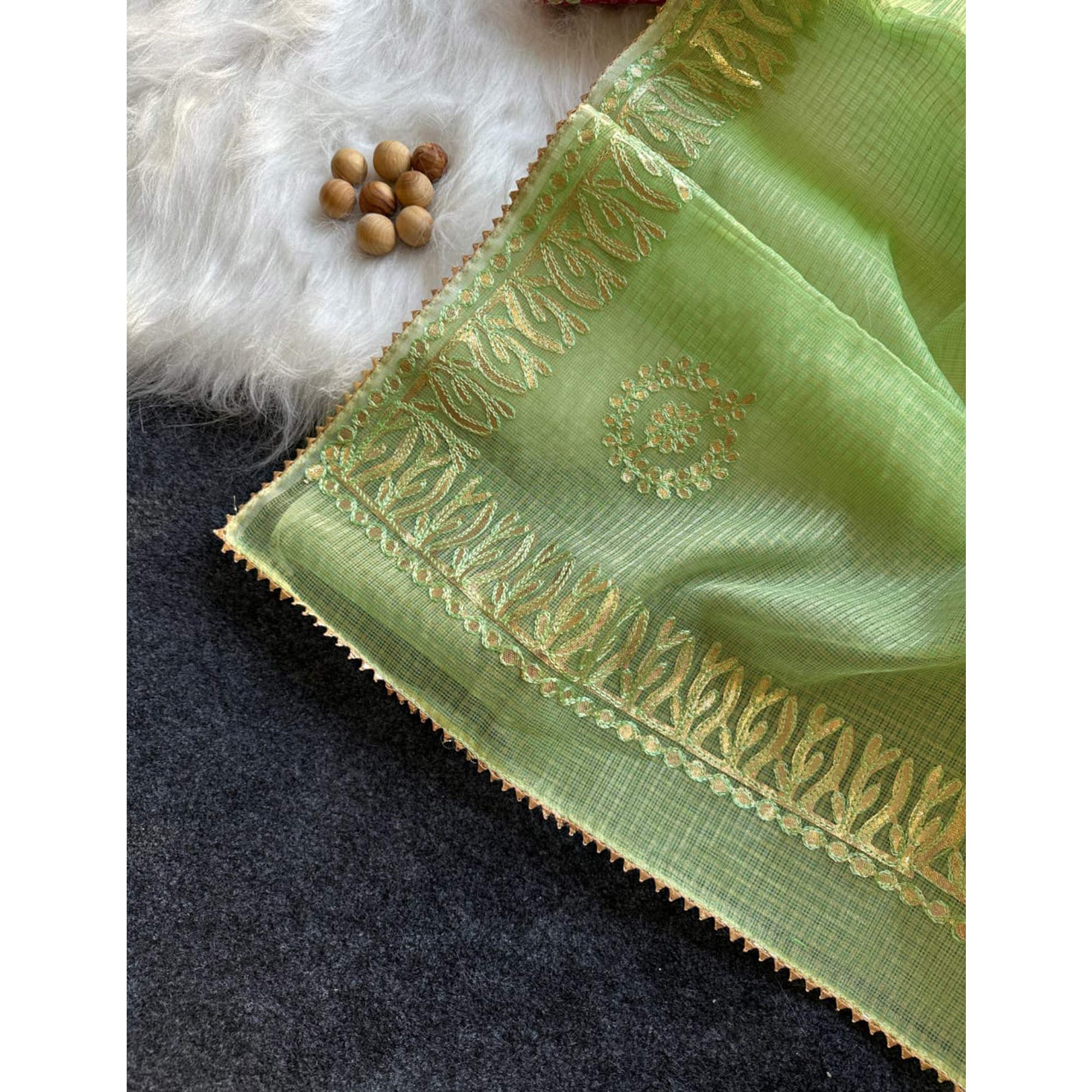 Green Festive Kota Doria Saree Decorated with Classic Gota Work Embroidery - Image 5