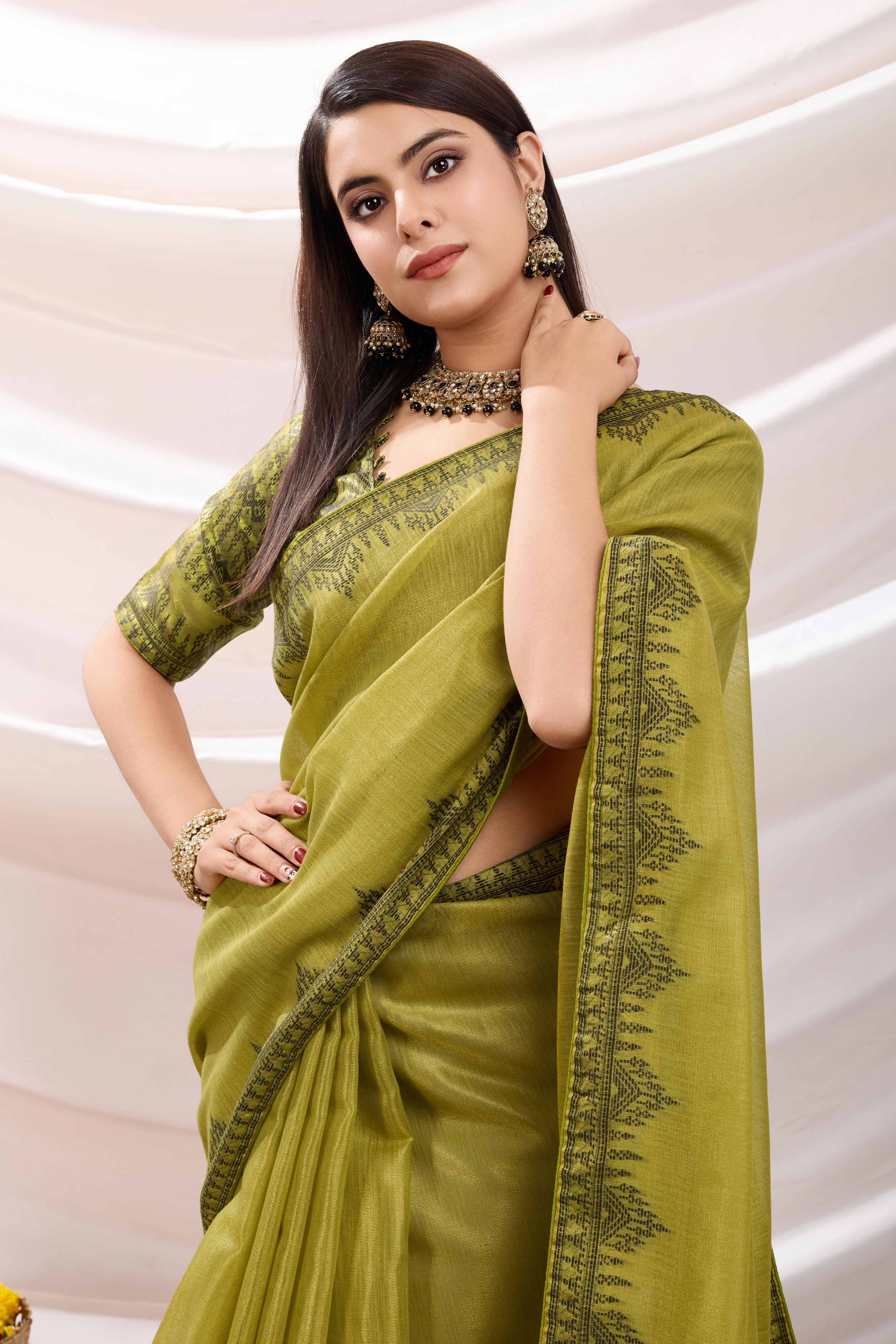 Green Festive Linen Tissue Saree with Zari Borders - Image 6