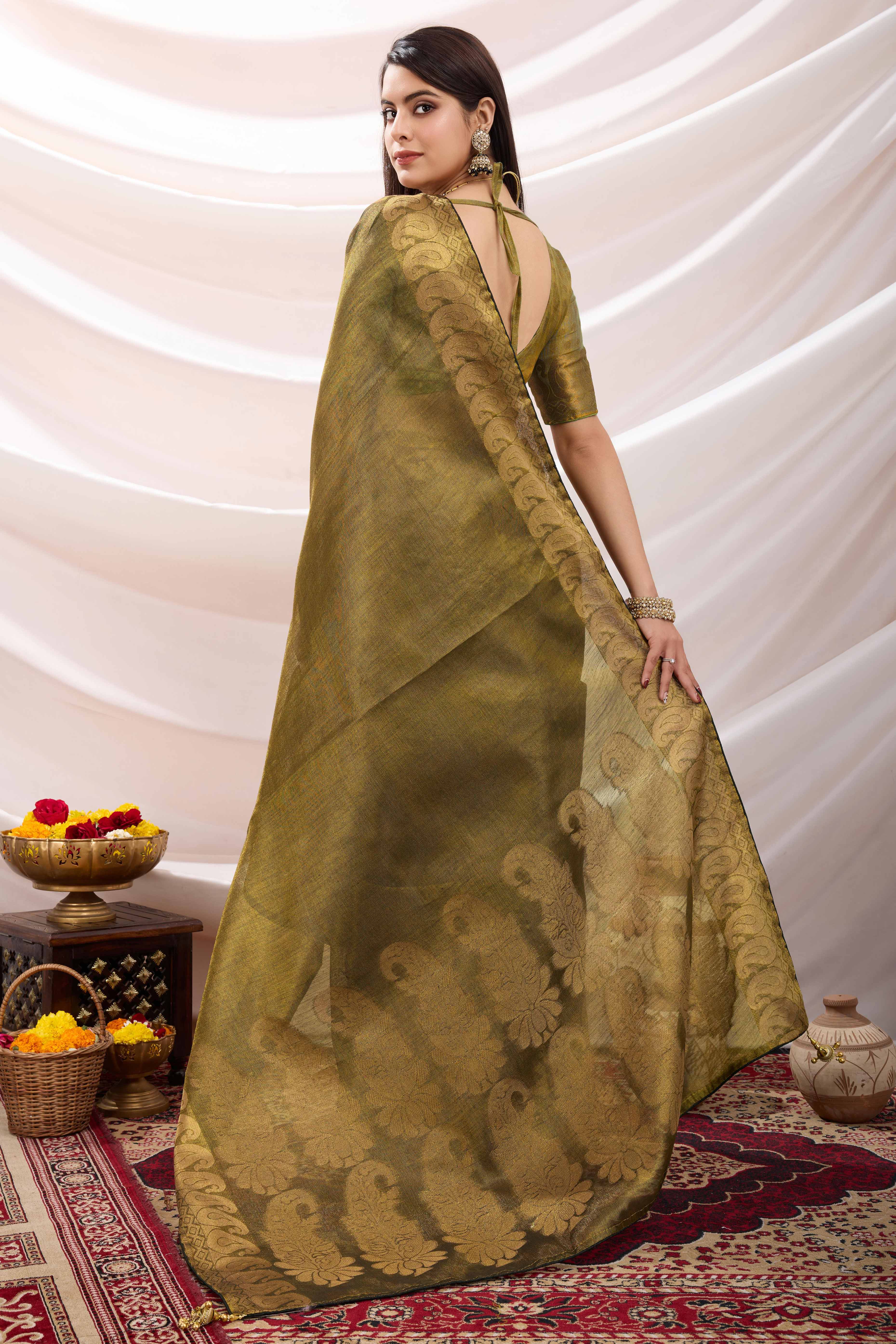 Green Festive Linen Tissue Saree with Zari Borders - Image 5
