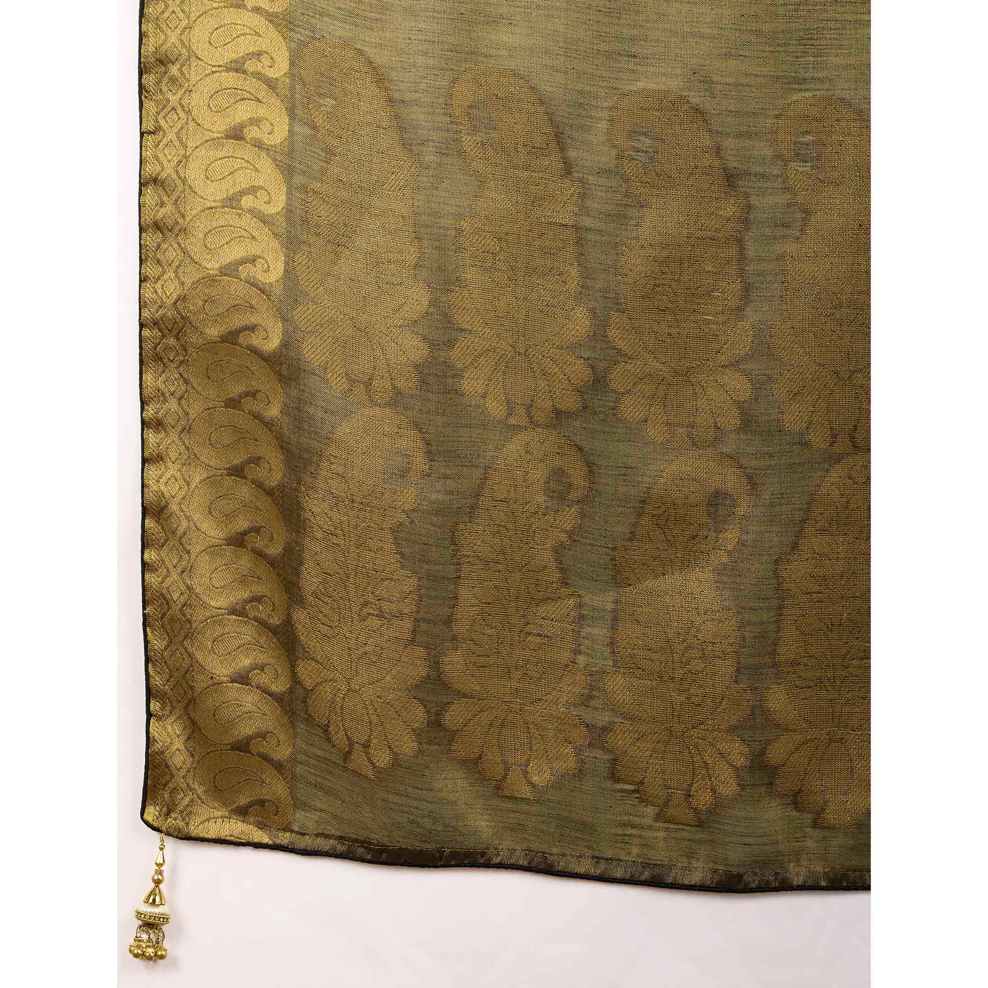 Green Festive Linen Tissue Saree with Zari Borders - Image 8