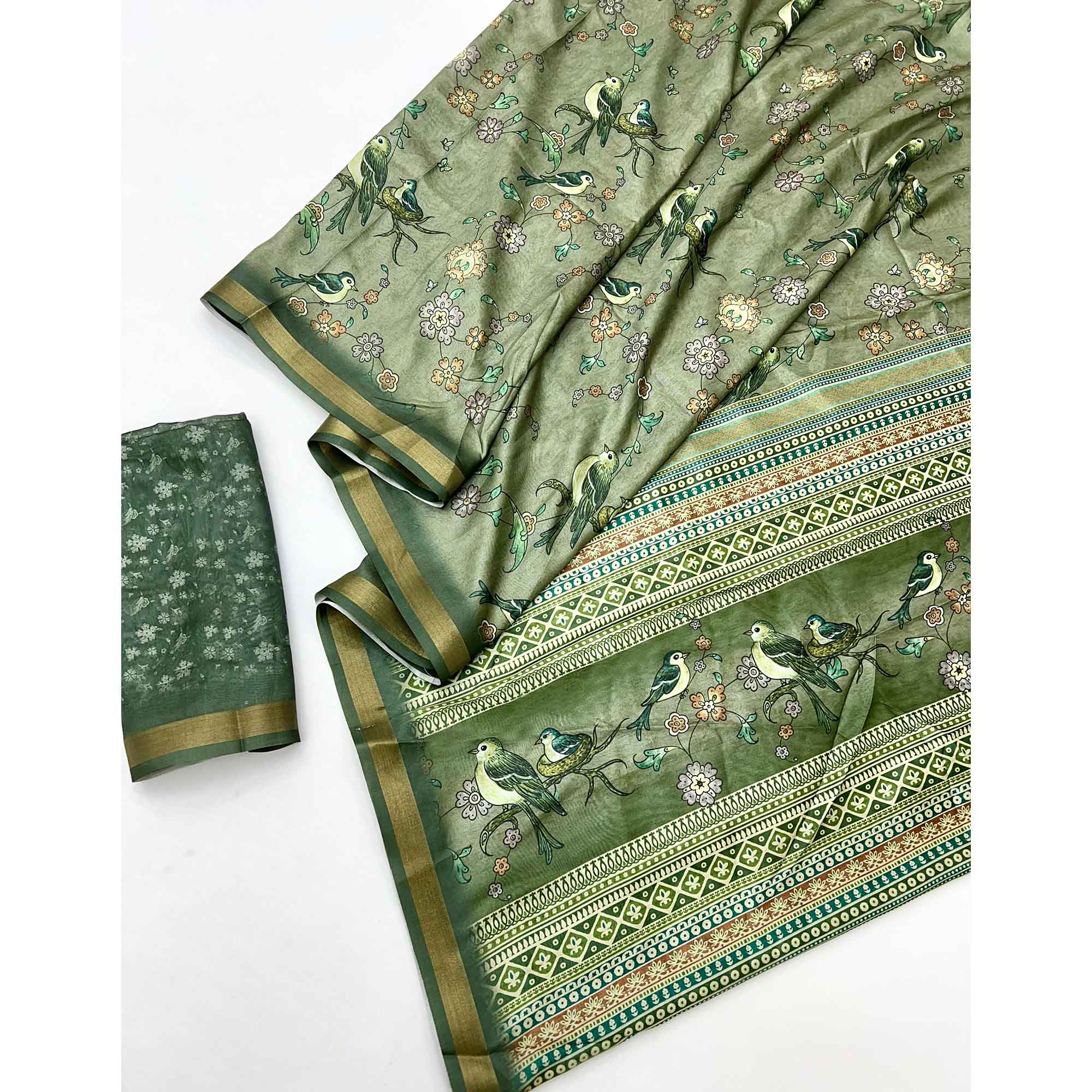 Green Floral & Bird Digital Printed Dola Silk Saree With Elegant Zari Border - Image 3
