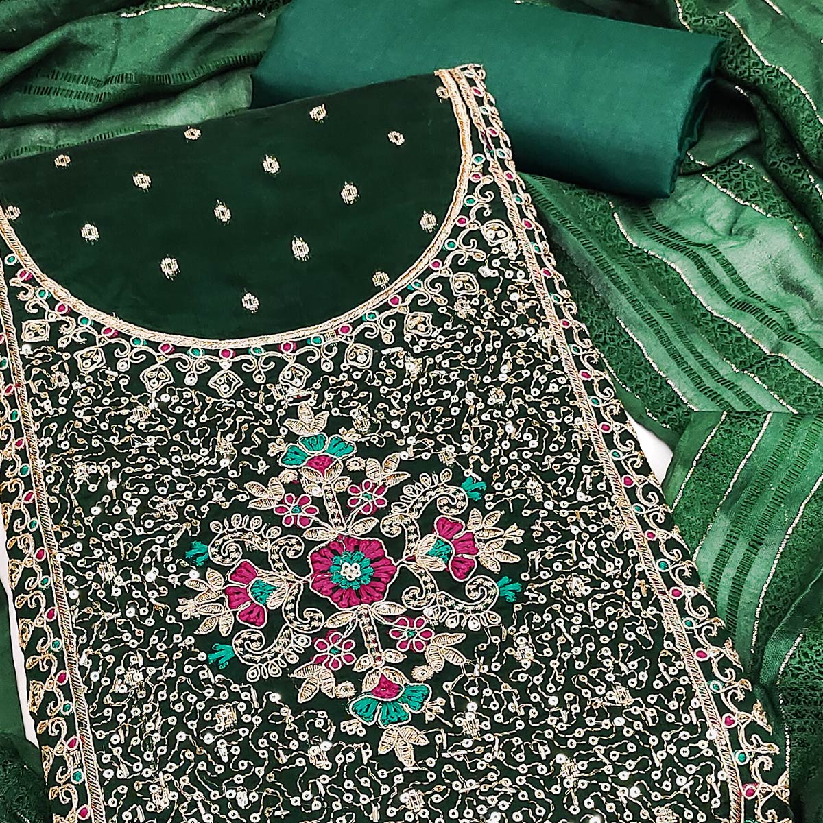Green Floral Butti Jacquard Chanderi Silk Dress Material Enhanced With Sparkling Sequins Embroidery - Image 2